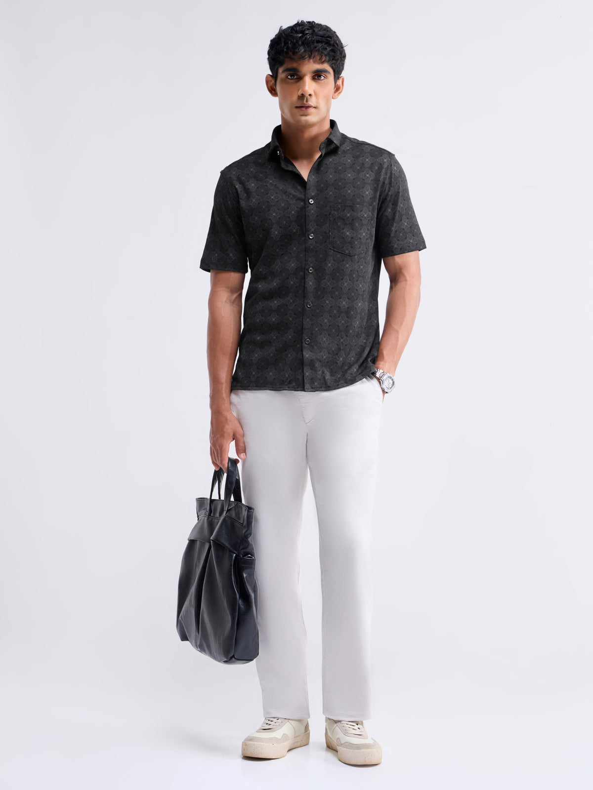 Printed Half Sleeve Cotton Shirt - Black t4option_0
