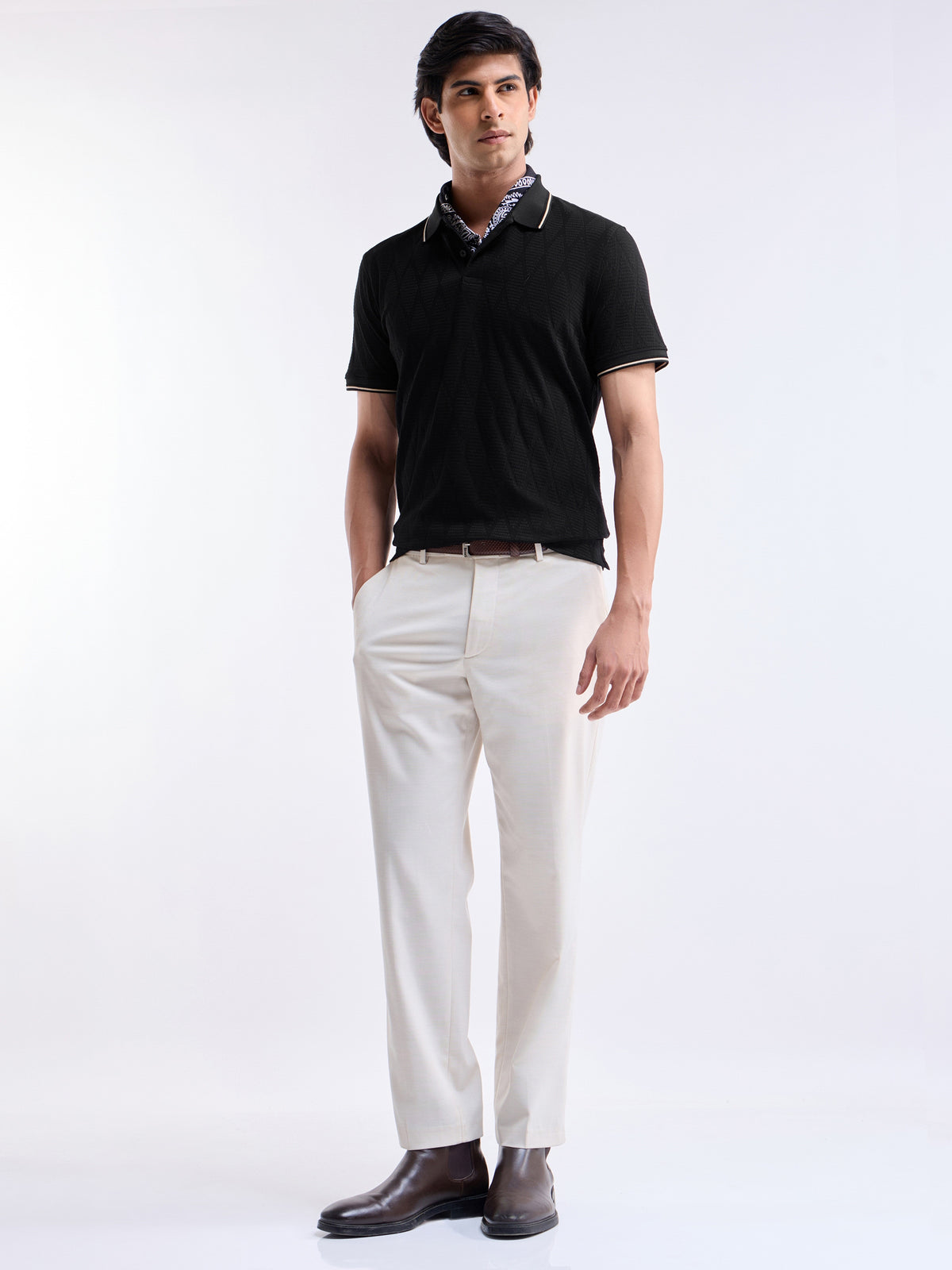 Jacquard Half Sleeve Regular Fit Polo T-Shirt - Black t4option_0