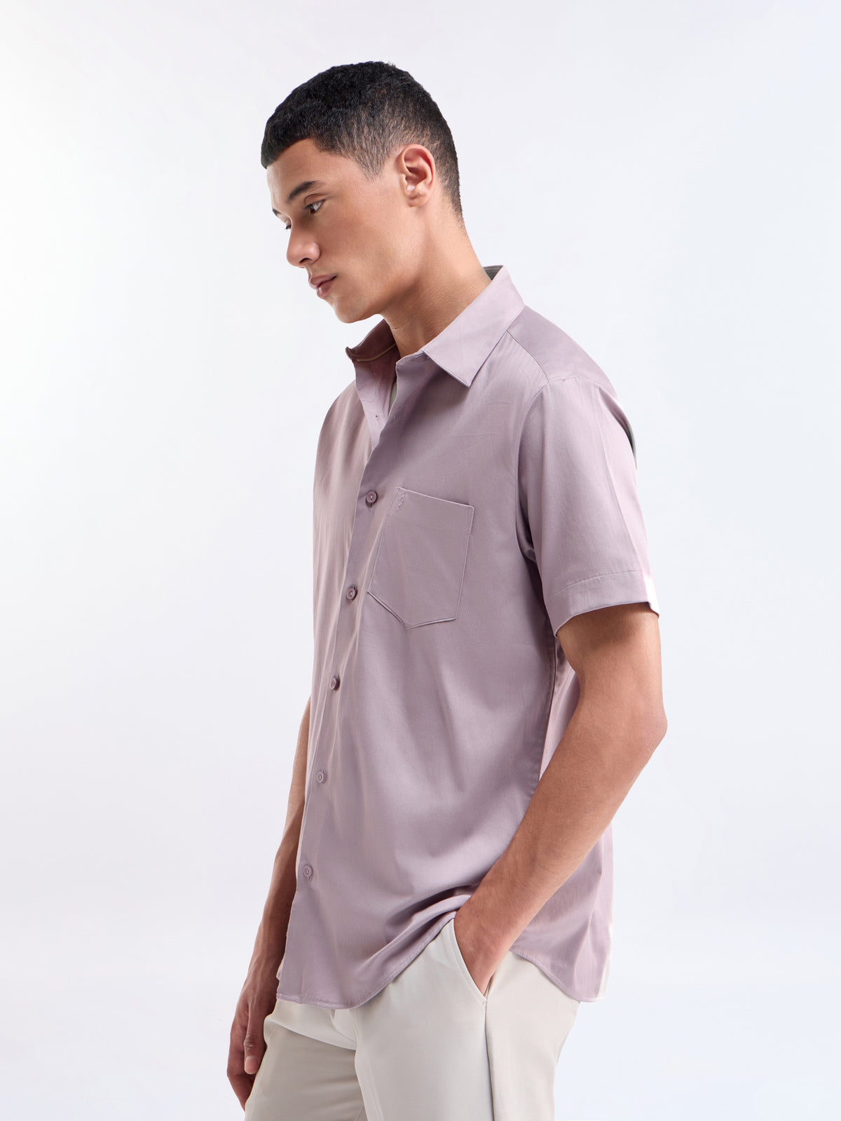 Solid Half Sleeve Cotton Stretch Shirt - Mauve t4option_3