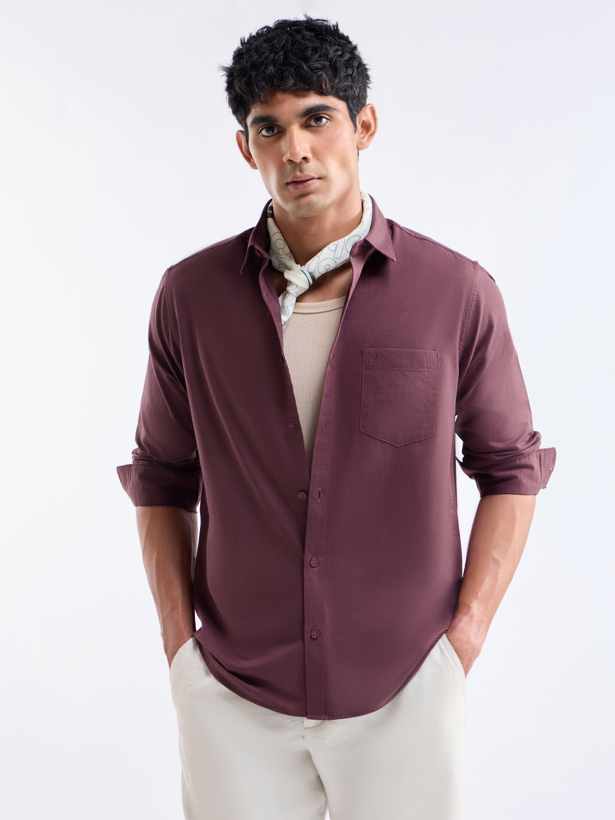 Solid Full Sleeve Cotton Shirt - Plum Mel t4option_2