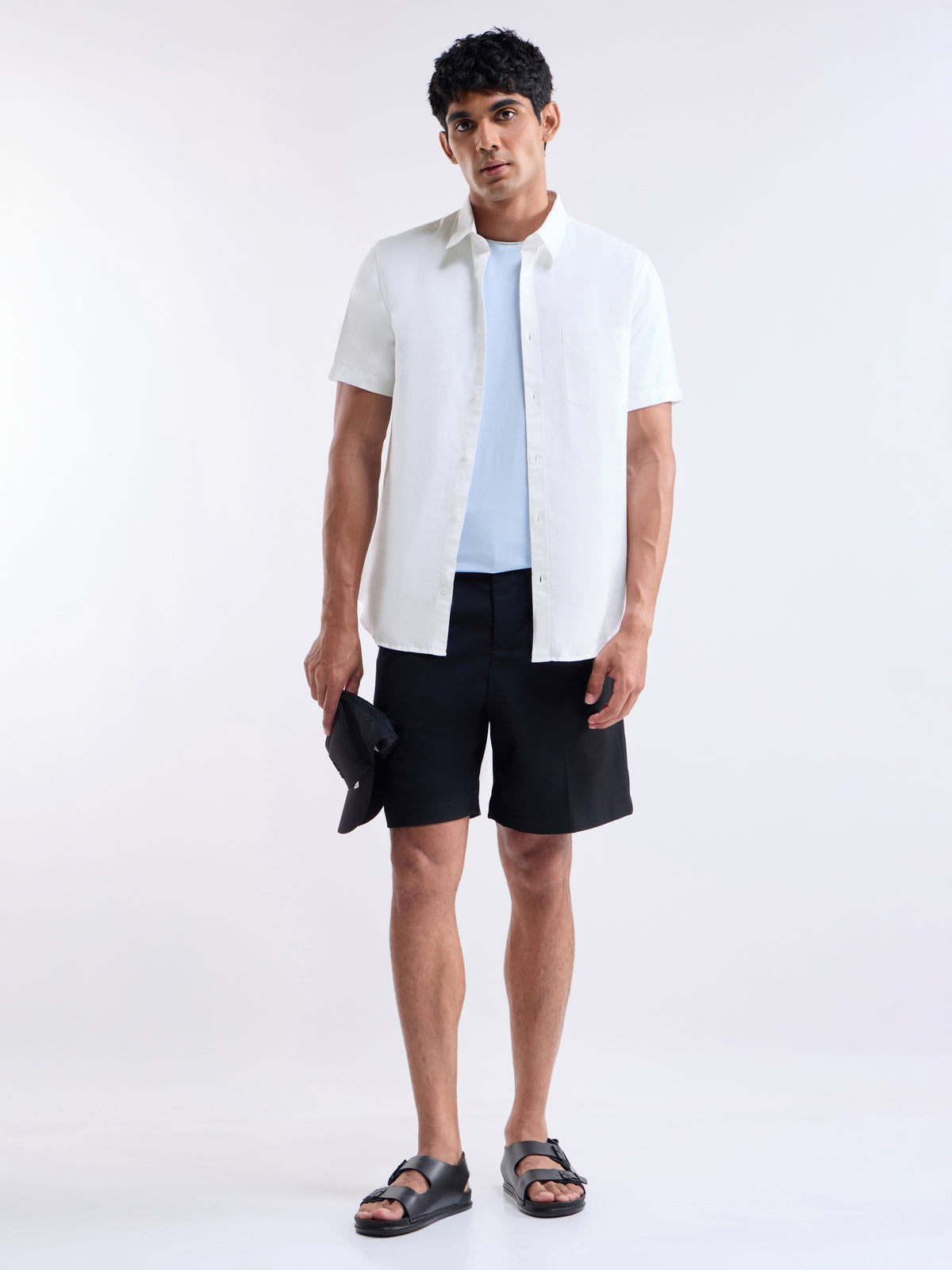 Solid Half Sleeve Cotton Linen Shirt - White t4option_1