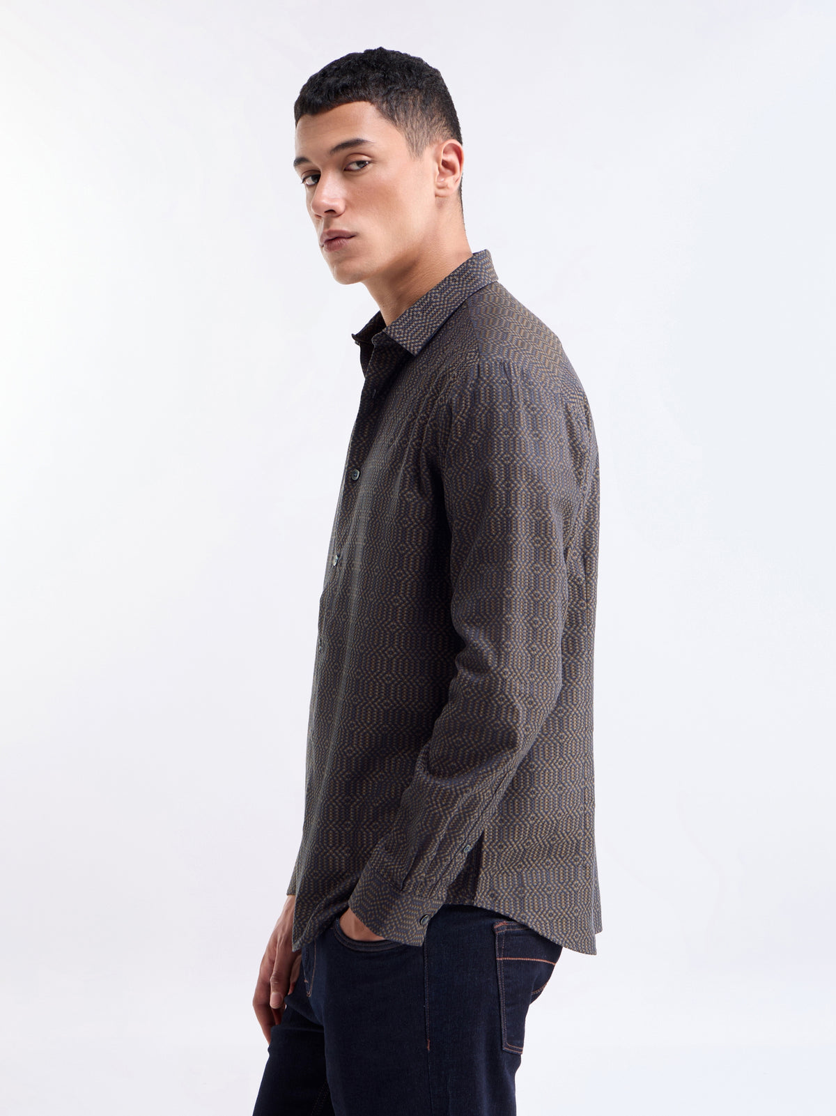 Jacquard Full Sleeve Cotton Shirt - Brown t4option_0