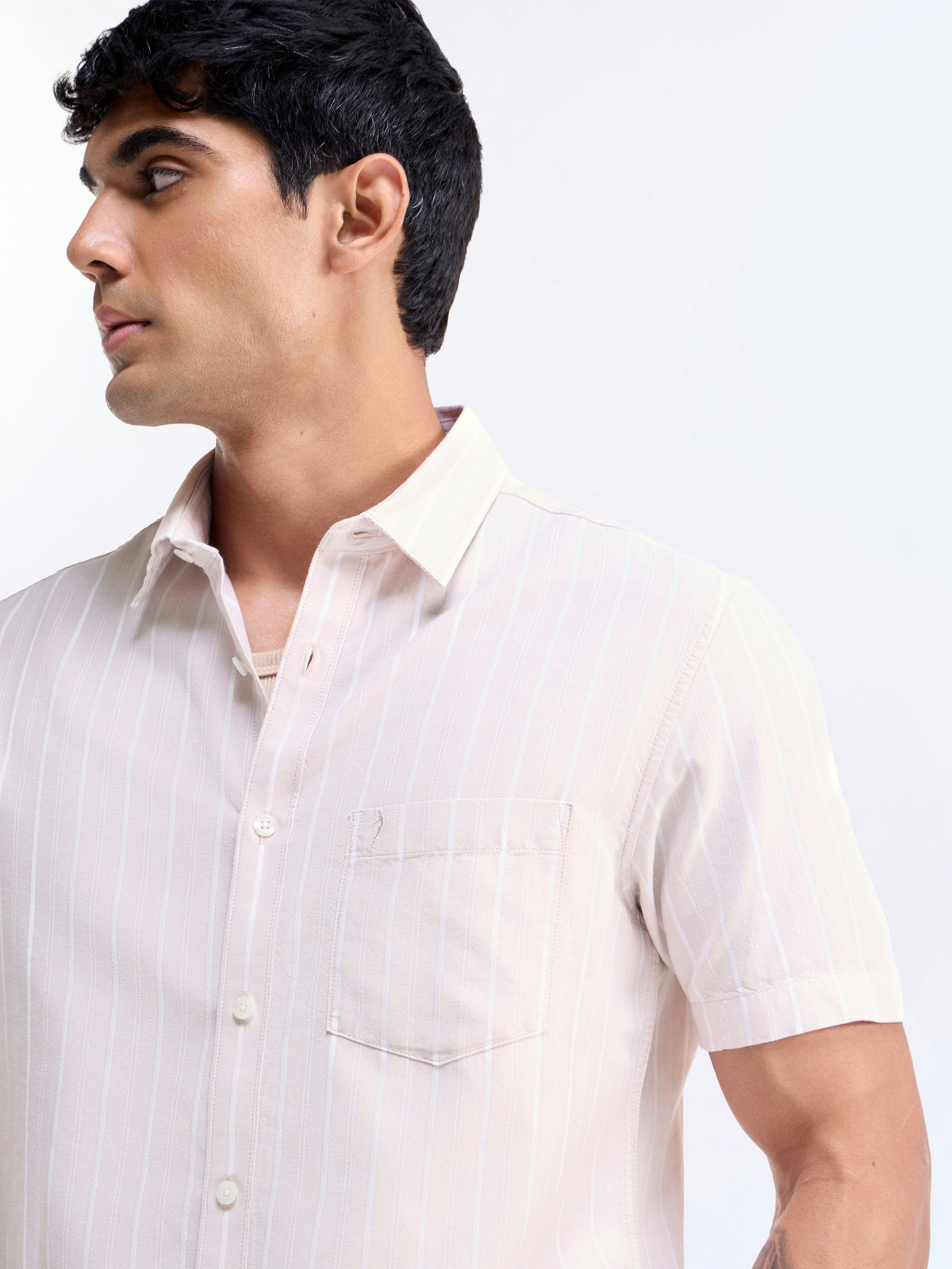 Striped Half Sleeve Cotton Shirt - Lt Khaki t4option_0