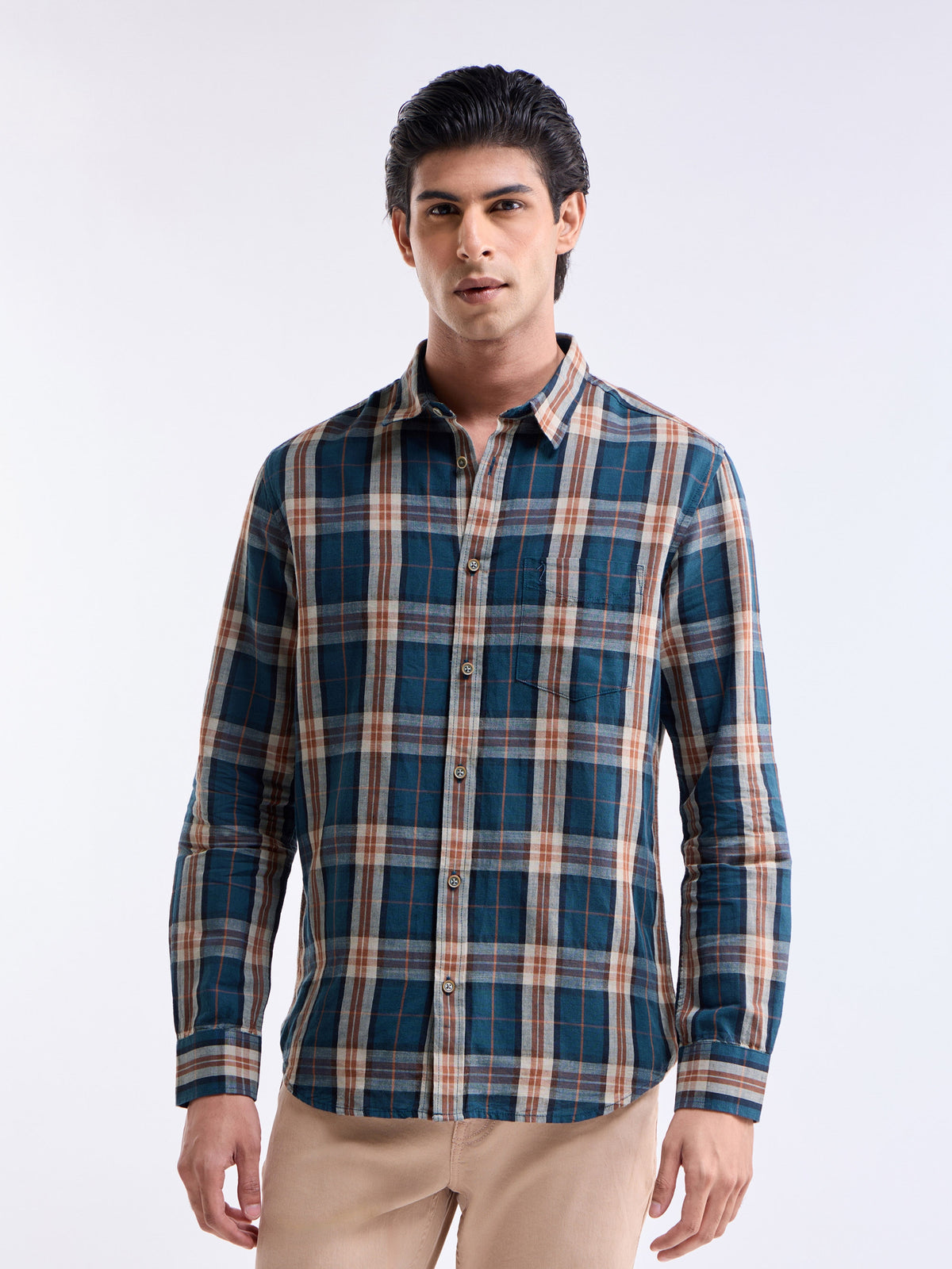 Check Full Sleeve Cotton Linen Shirt - Teal t4option_0