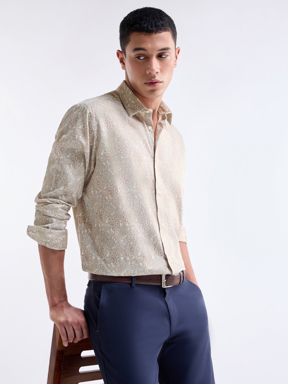 Printed Full Sleeve Cotton Shirt - Ecru t4option_0
