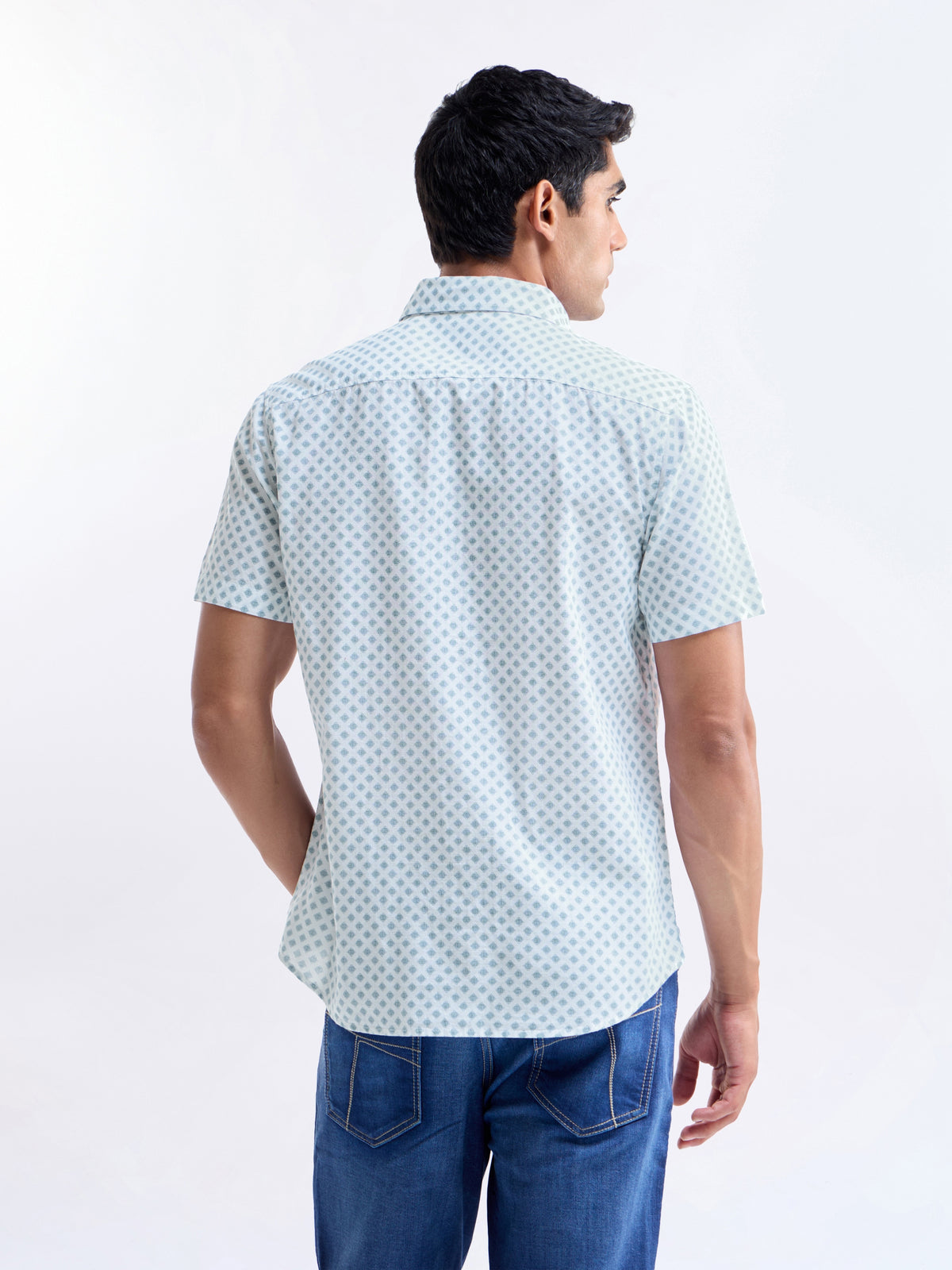 Printed Half Sleeve Cotton Shirt - Sky t4option_1