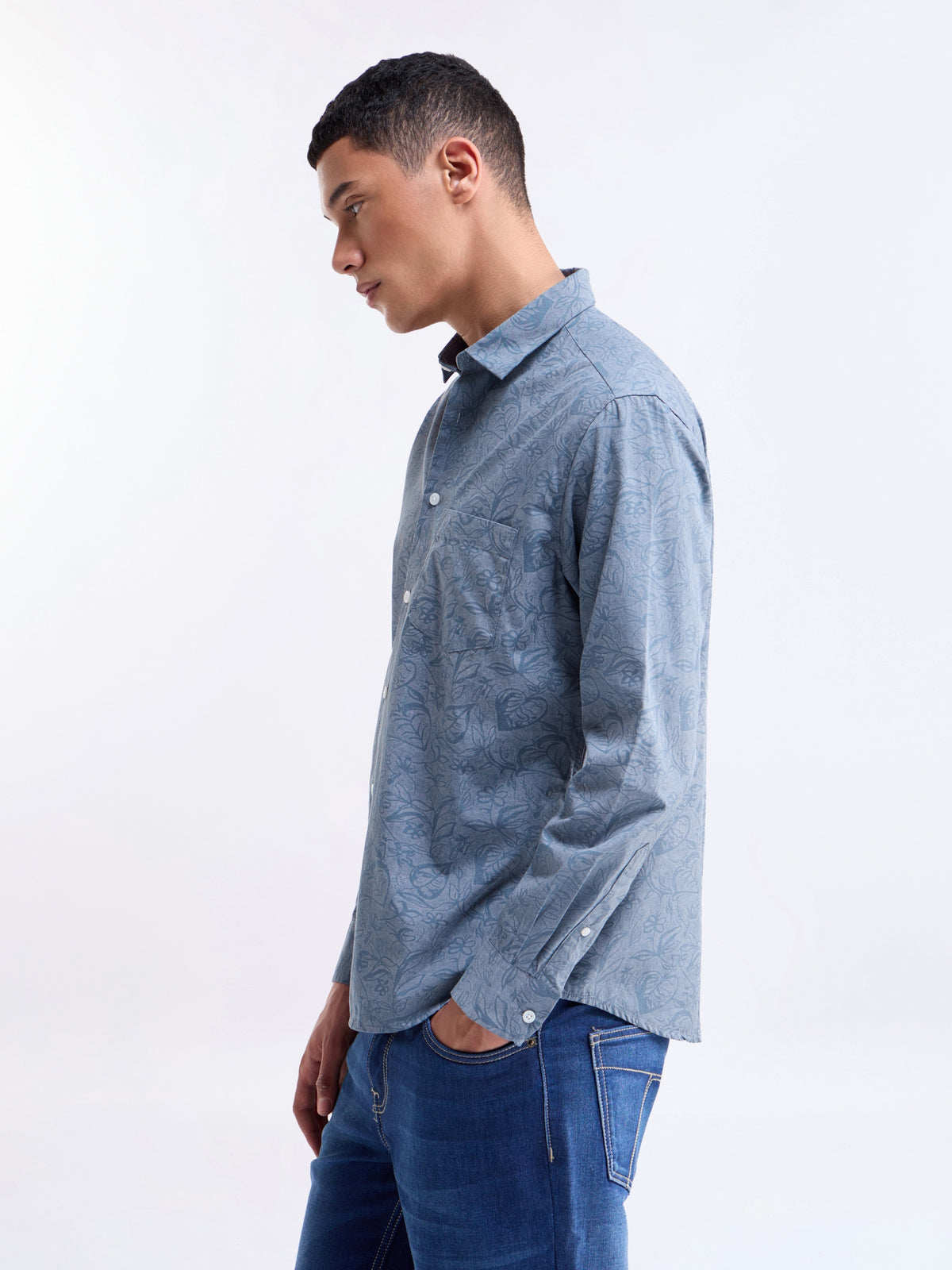 Printed Full Sleeve Cotton Shirt - Blue t4option_0