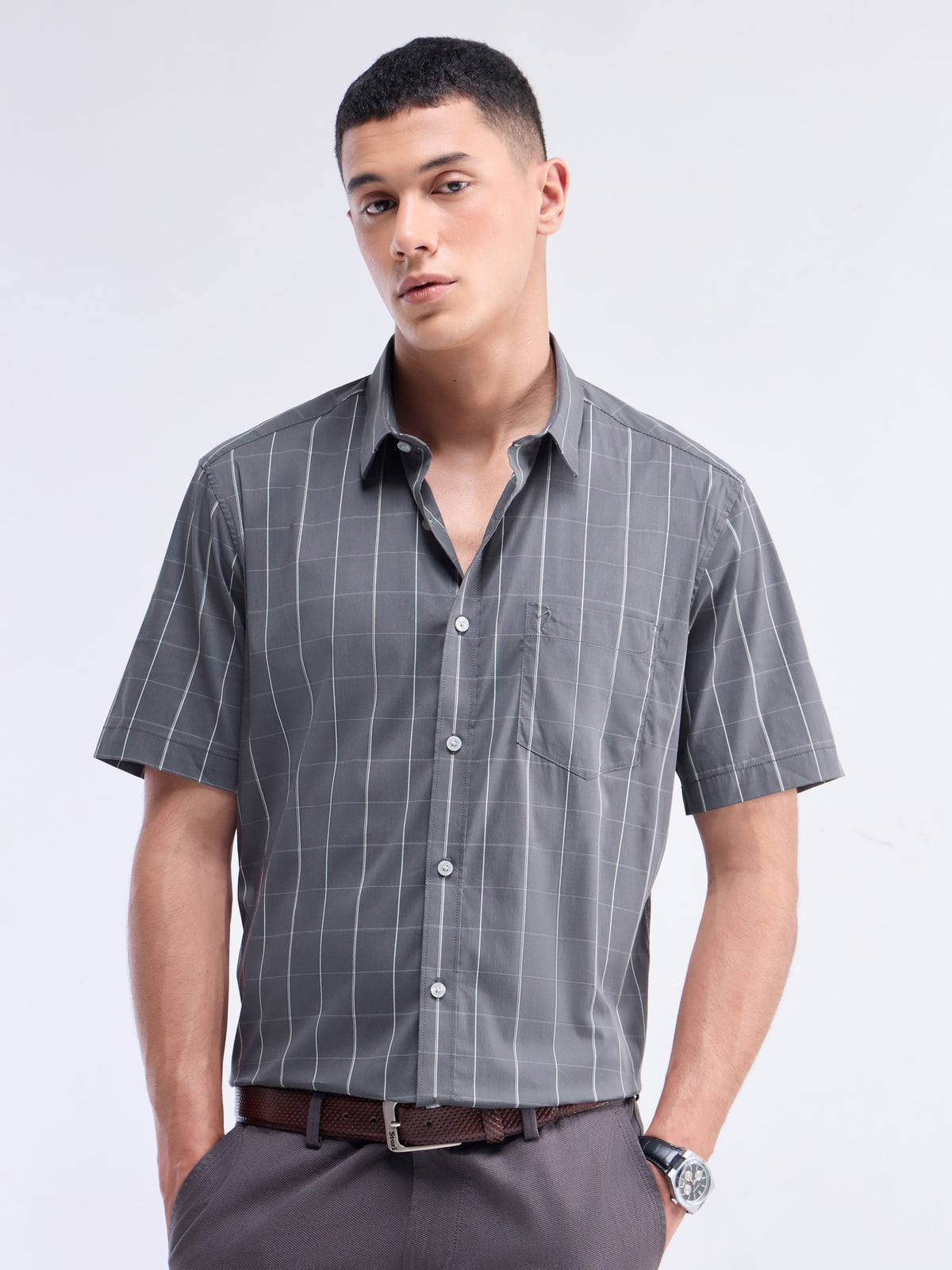 Check Half Sleeve Poly Blend Shirt - Grey t4option_0