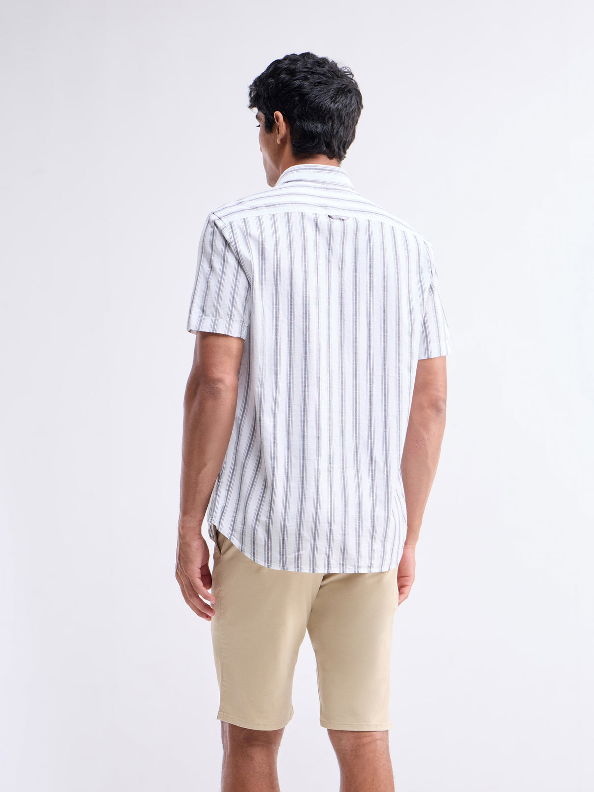 Striped Half Sleeve Cotton Shirt - White t4option_0