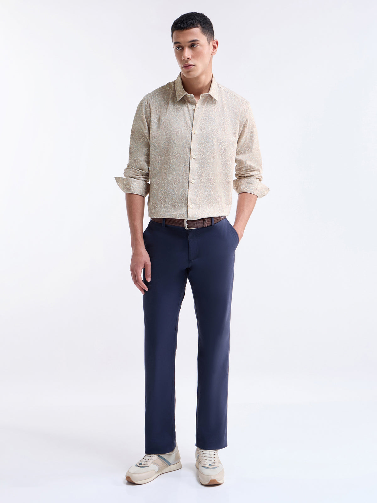 Printed Full Sleeve Cotton Shirt - Ecru t4option_0
