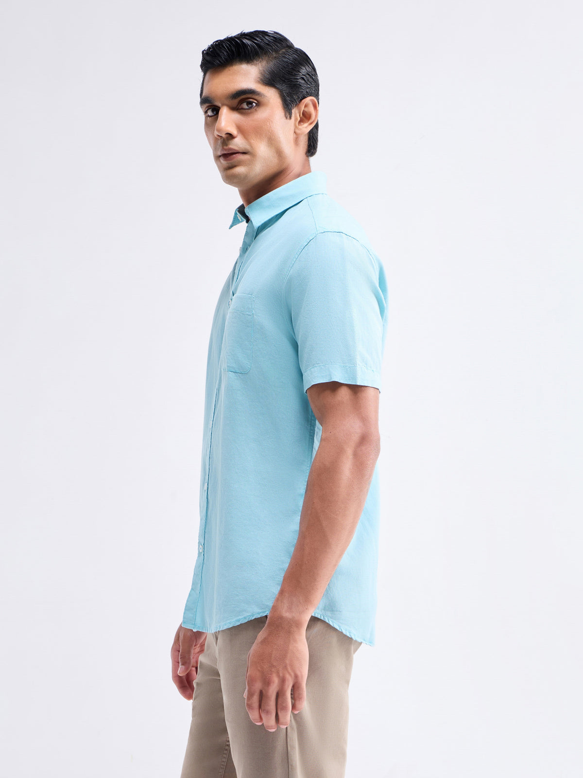 Solid Half Sleeve Cotton Linen Shirt - Aqua t4option_0