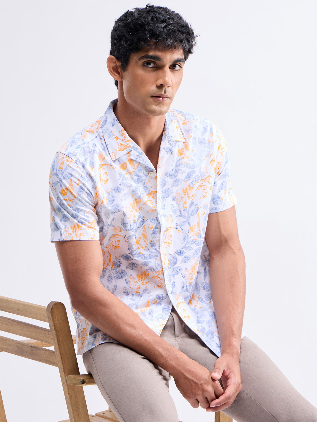Printed Half Sleeve Cotton Shirt - White t4option_0