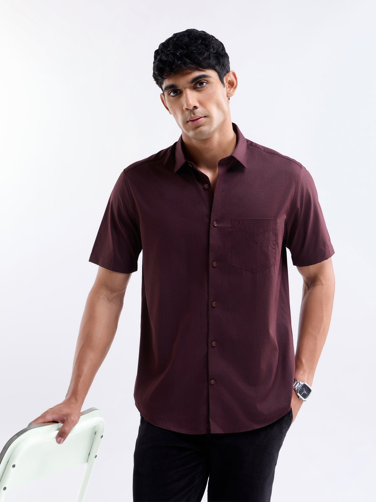 Solid Half Sleeve Cotton Shirt - Wine t4option_0