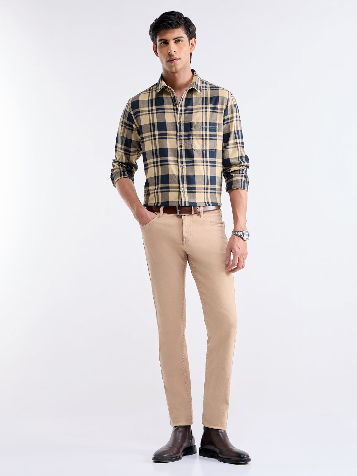 Check Full Sleeve Cotton Shirt - Lt Khaki t4option_0