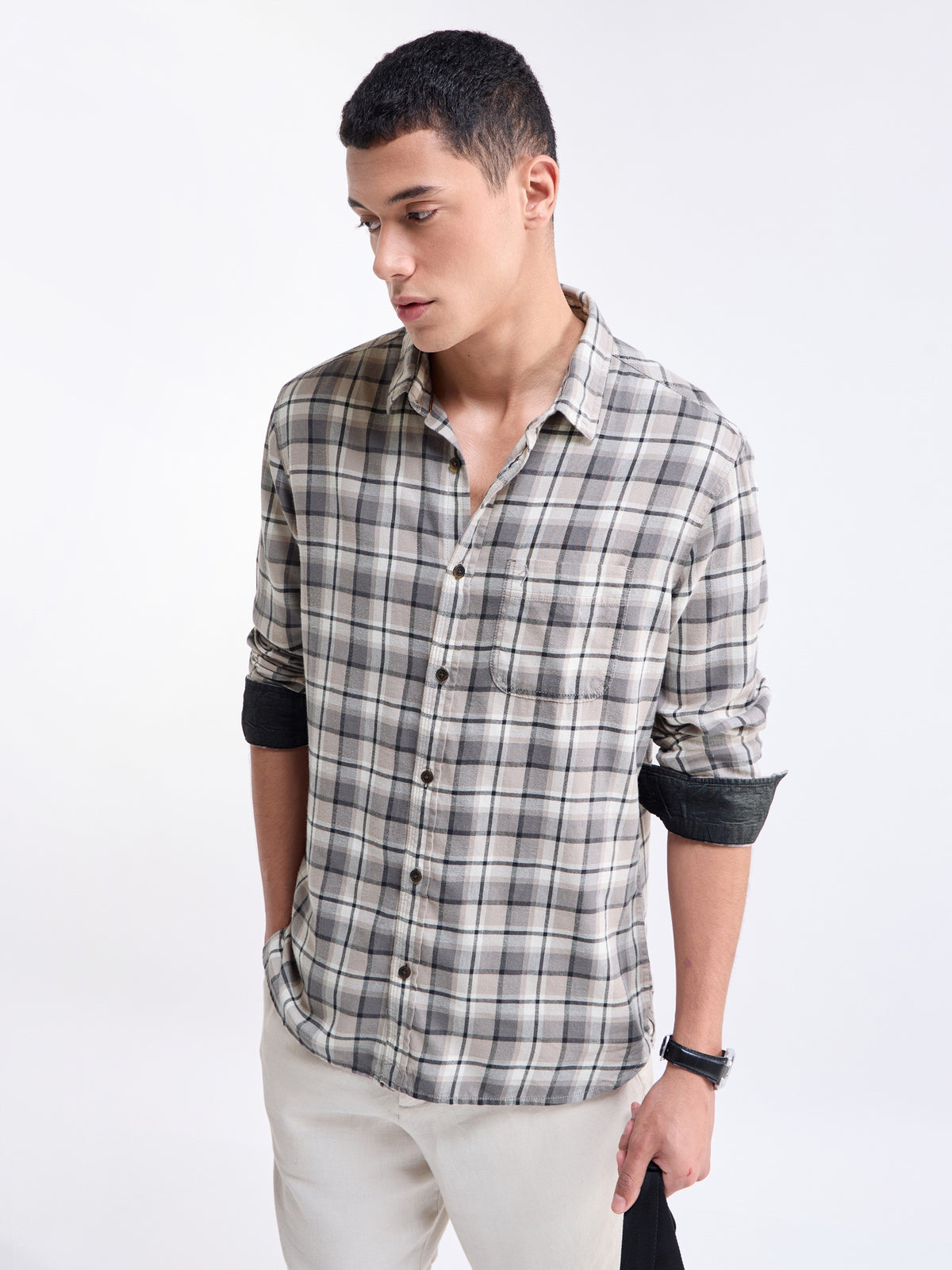 Check Full Sleeve Cotton Shirt - Grey t4option_0