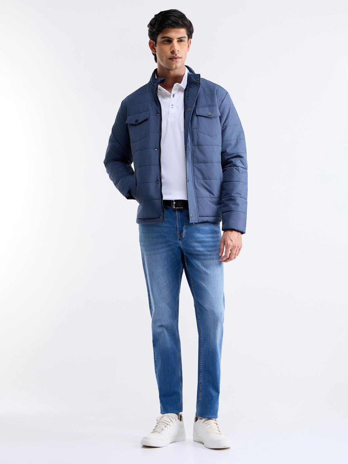 Textured Full Sleeve Biker Jacket - Navy t4option_0