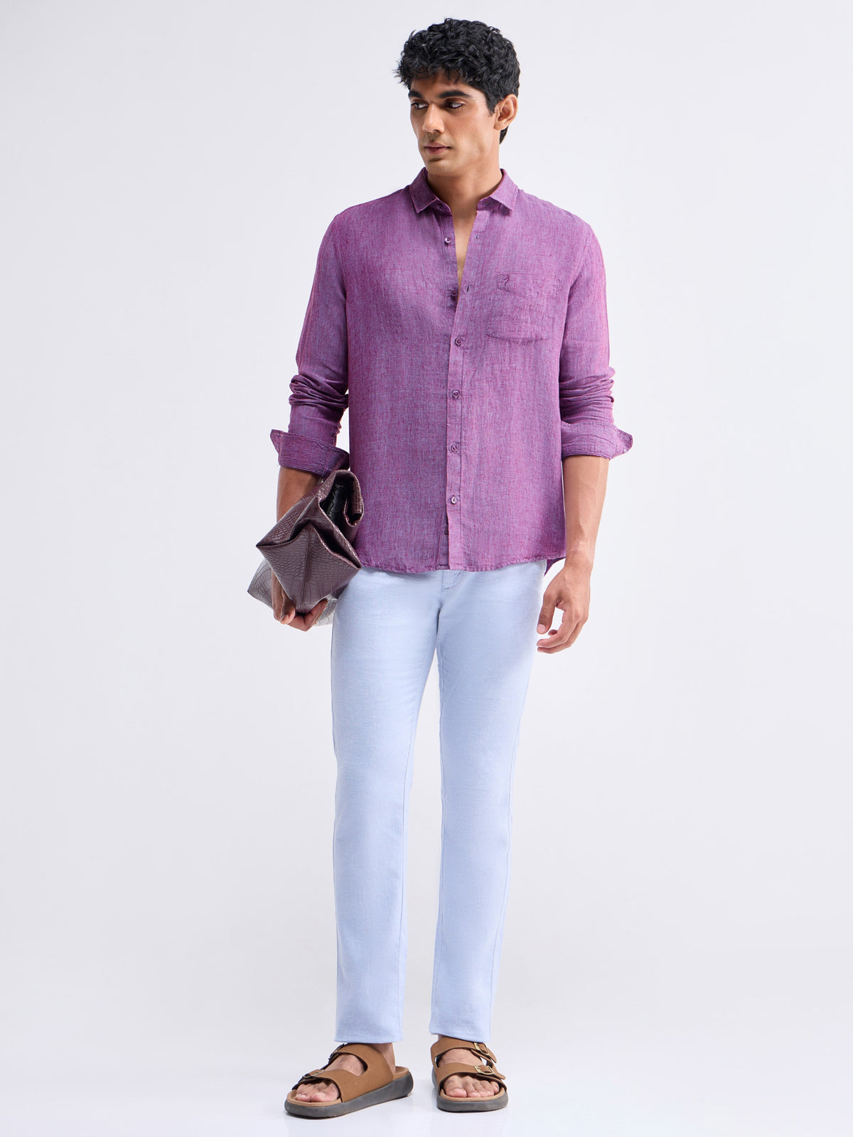 Solid Full Sleeve Linen Shirt - Purple t4option_1