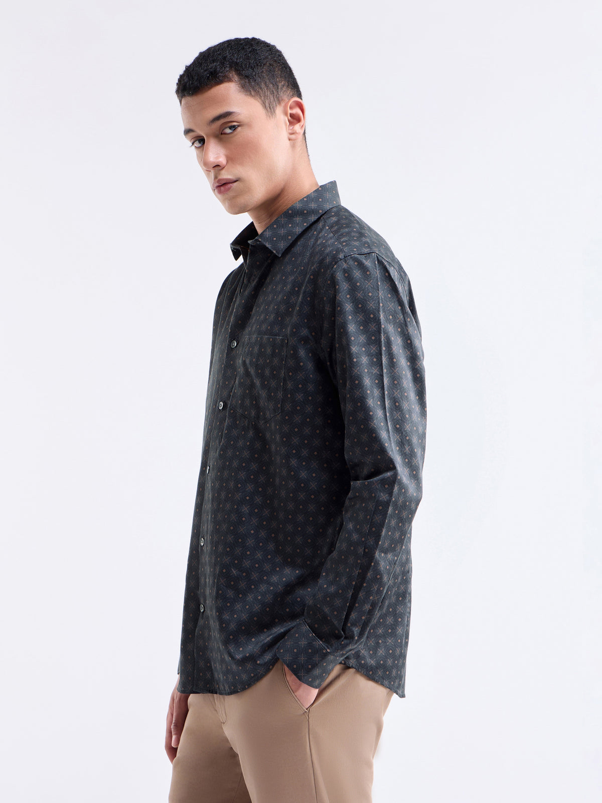 Printed Full Sleeve Cotton Shirt - Pine t4option_1