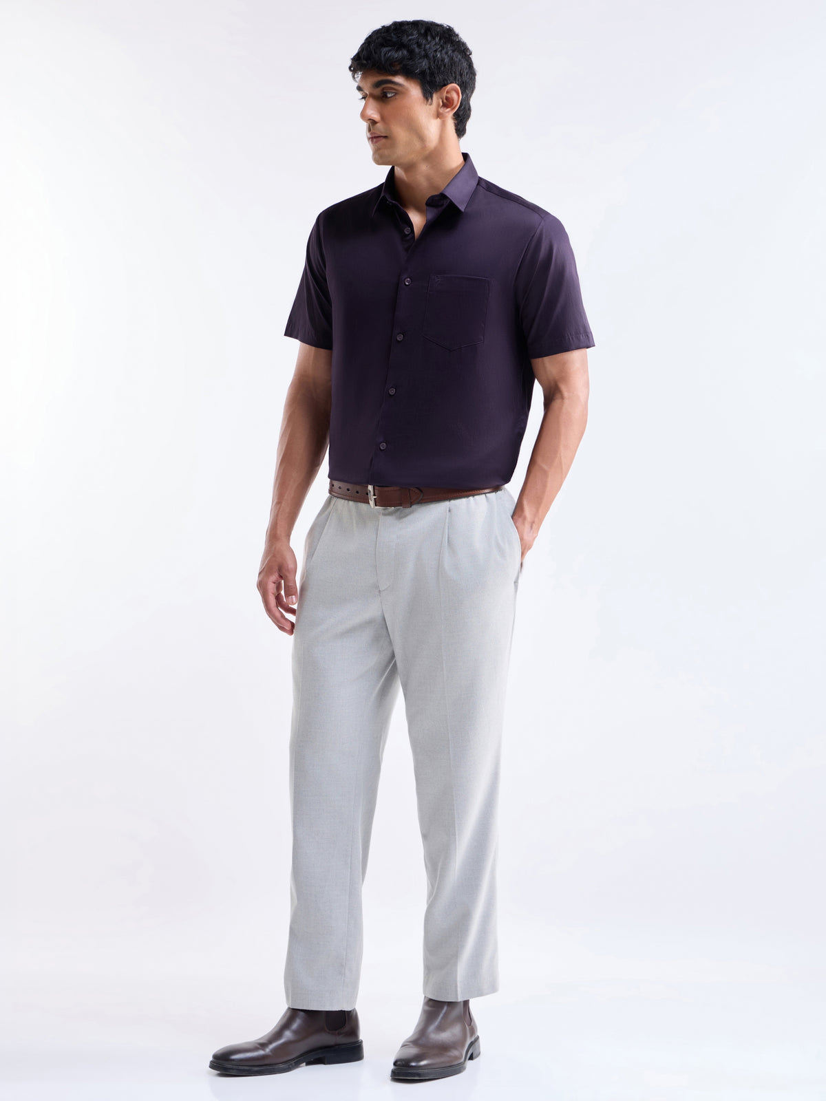 Solid Half Sleeve Cotton Stretch Shirt - Plum t4option_0