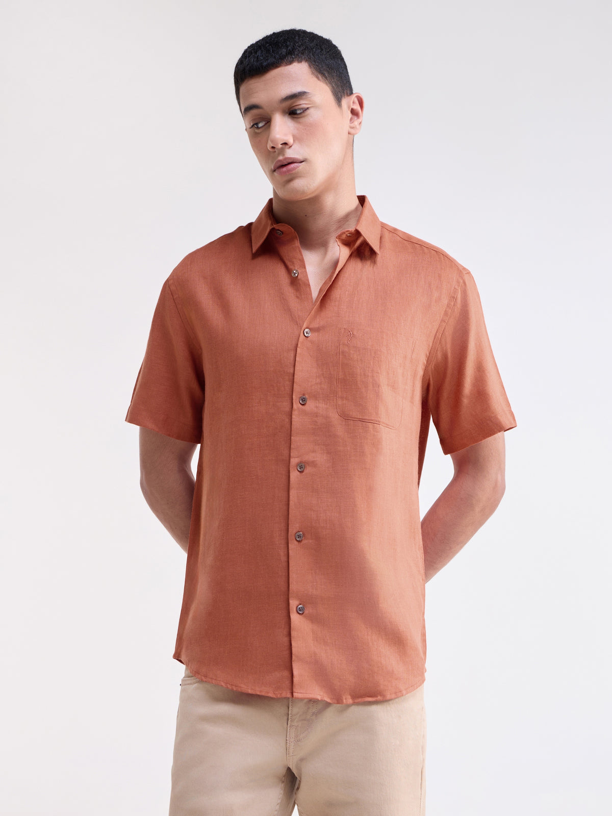 Solid Half Sleeve Linen Shirt - Rust t4option_3