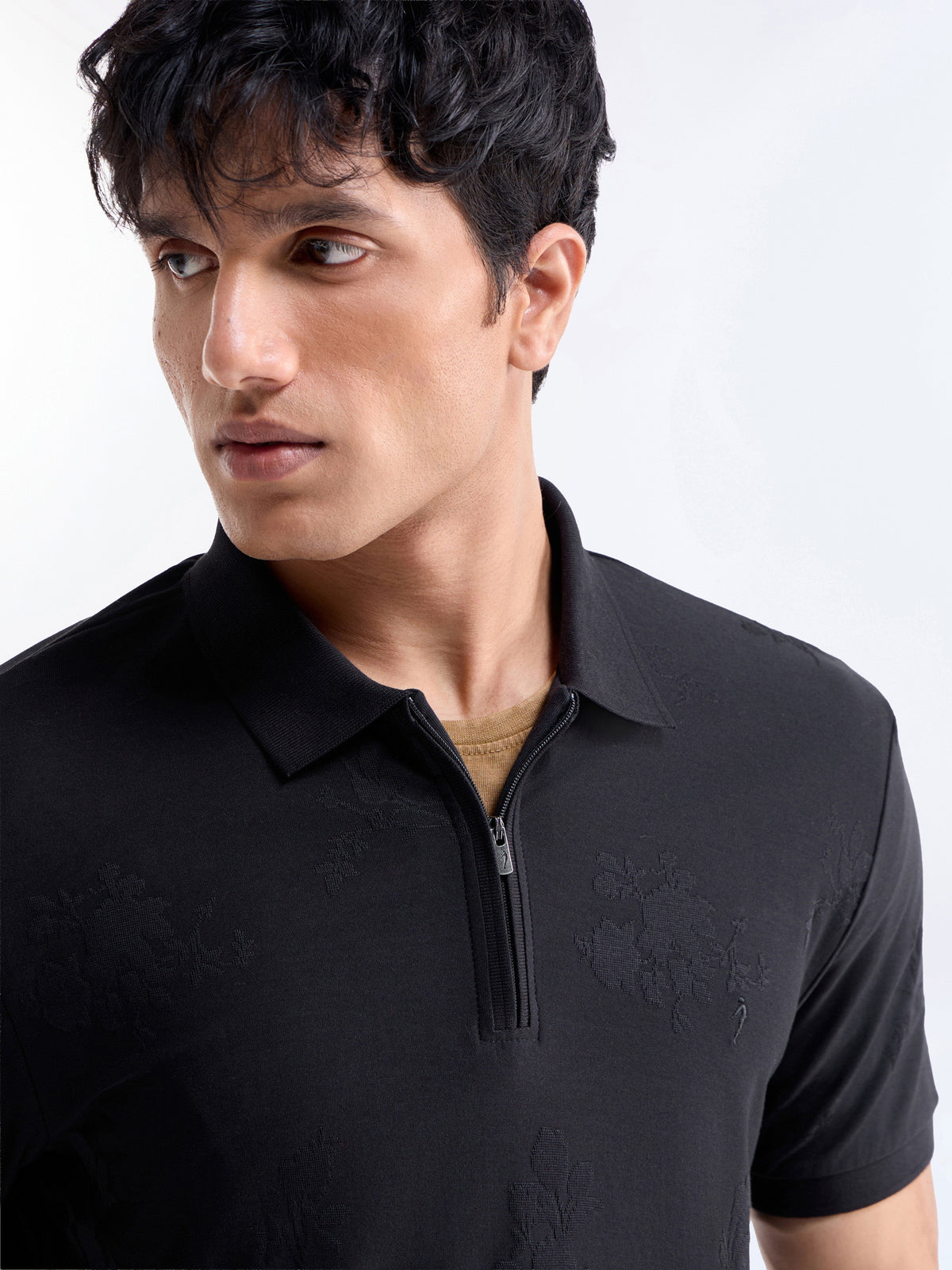 Jacquard Half Sleeve Regular Fit Polo T-Shirt - Black t4option_0