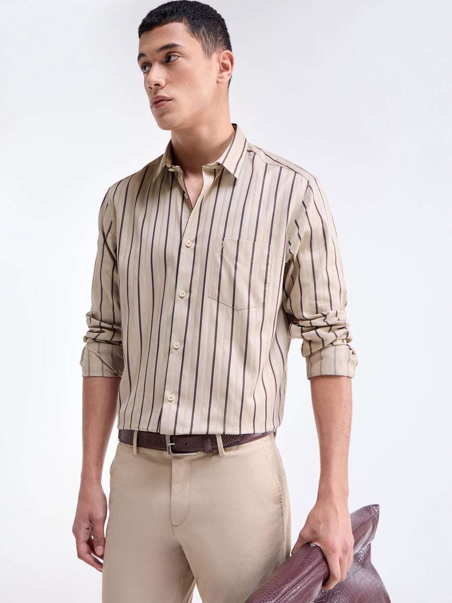 Striped Full Sleeve Cotton Shirt - Beige t4option_0