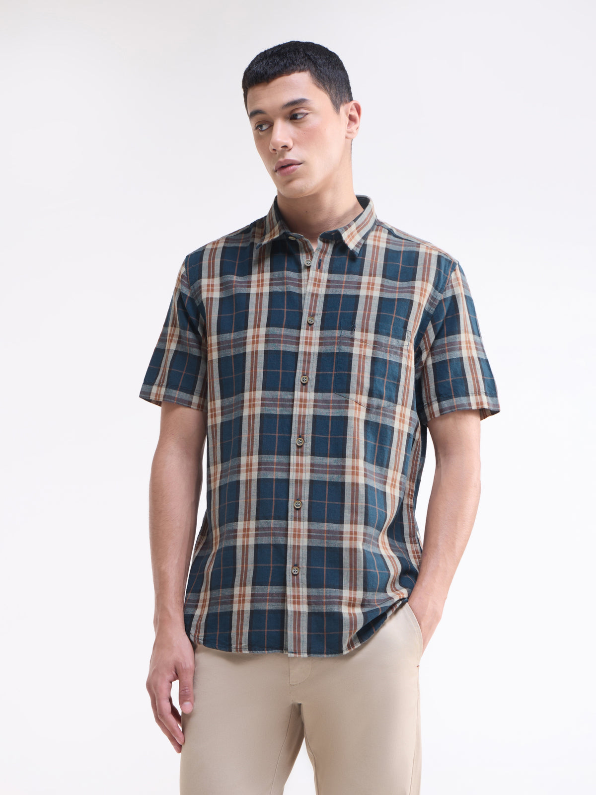 Check Half Sleeve Cotton Linen Shirt - Teal t4option_1