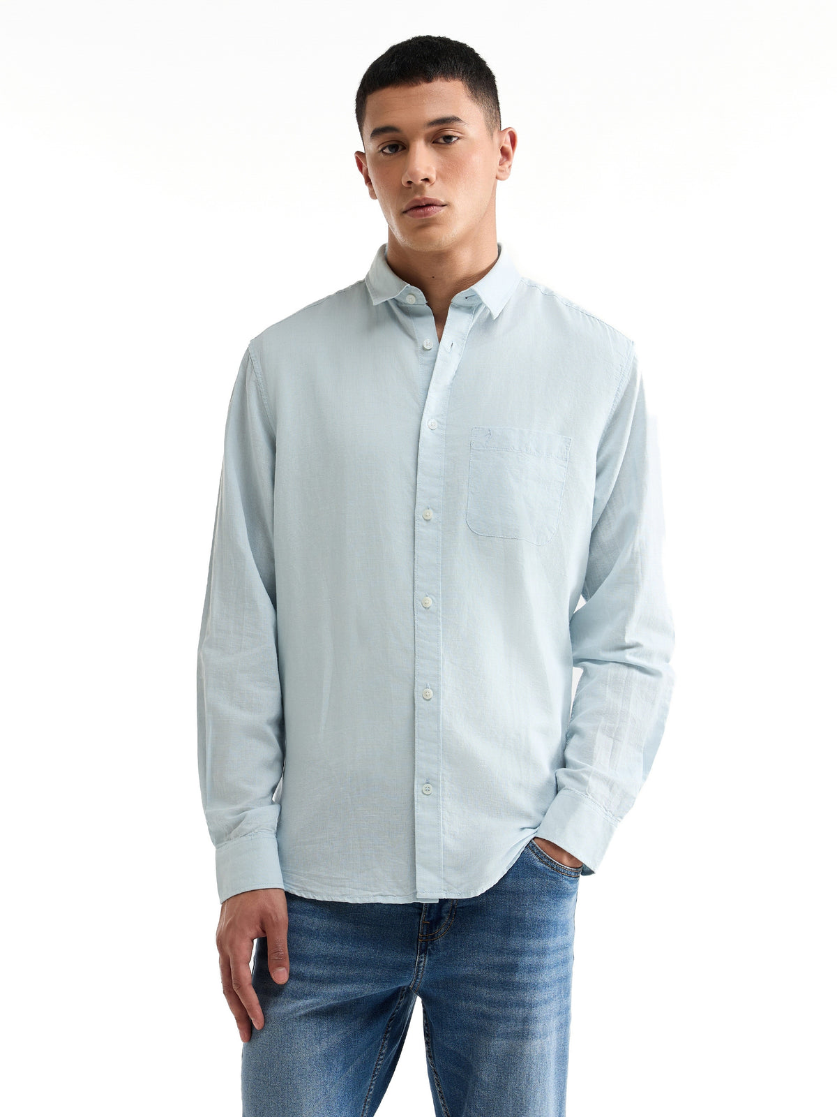 Solid Full Sleeve Cotton Blend Shirt - Sky t4option_0