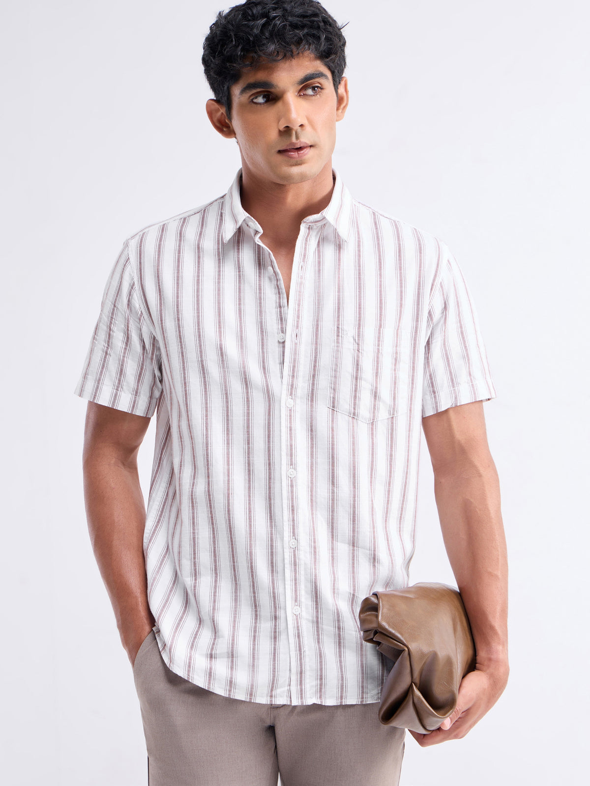 Striped Half Sleeve Cotton Shirt - Khaki t4option_0
