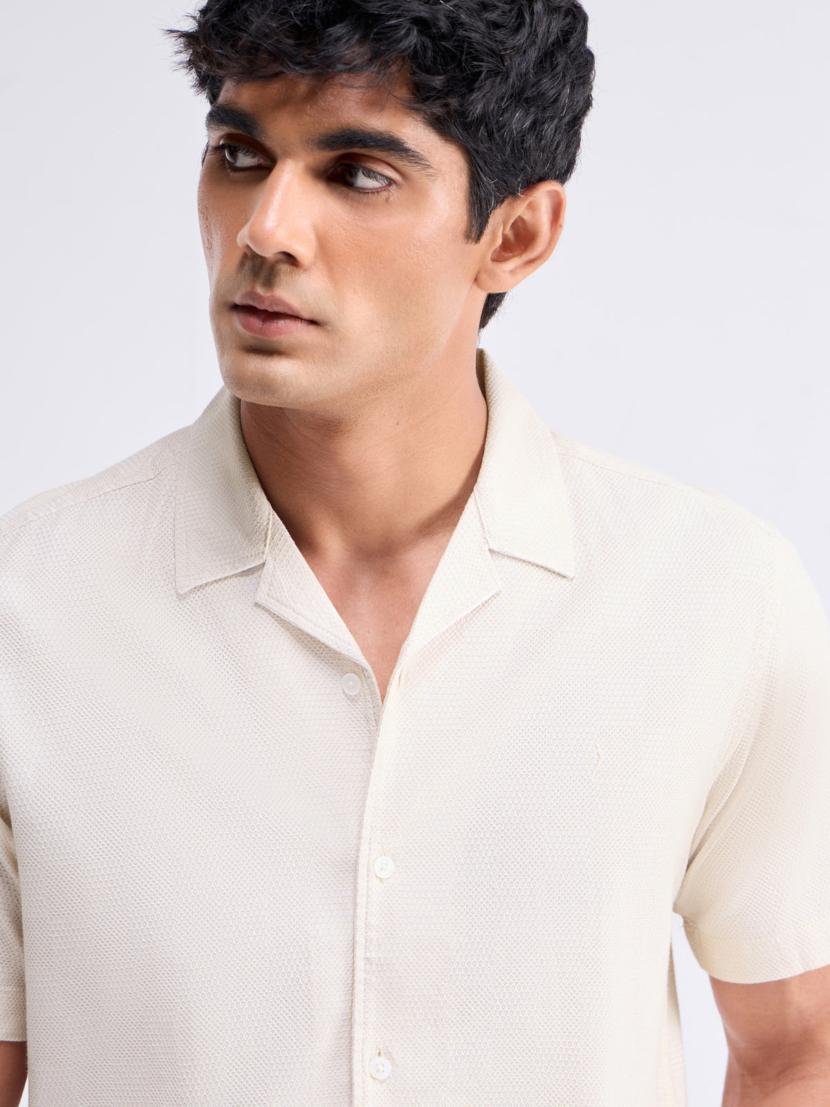 Solid Half Sleeve Cotton Shirt - Beige t4option_0