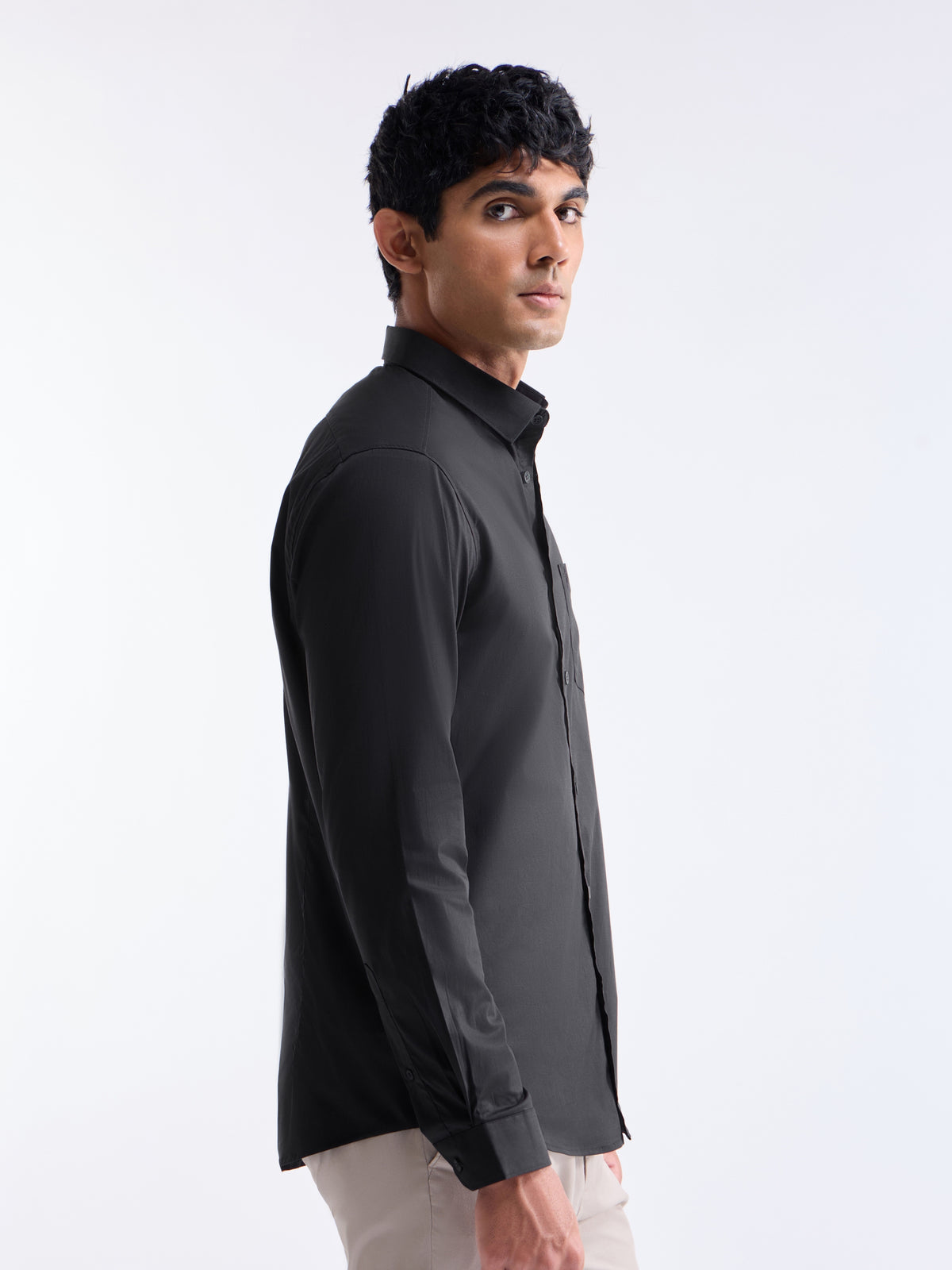 Solid Full Sleeve Cotton Stretch Shirt - Black t4option_0