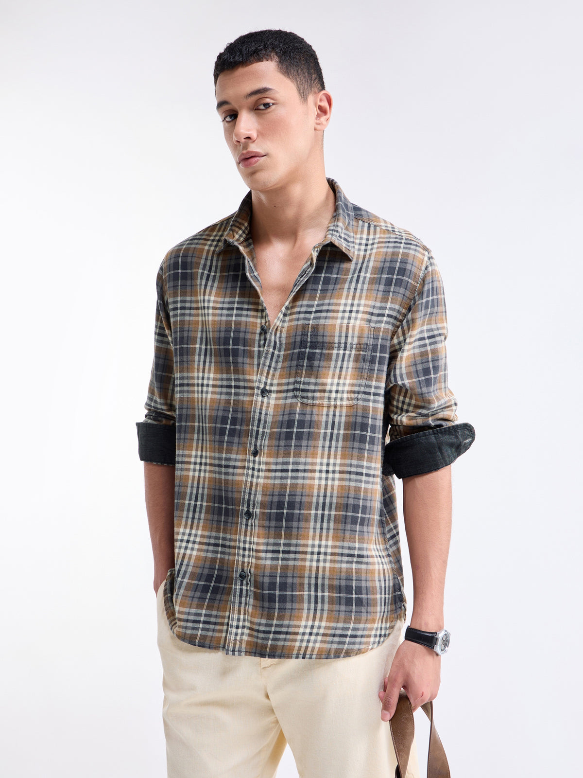 Check Full Sleeve Cotton Shirt - Black t4option_0