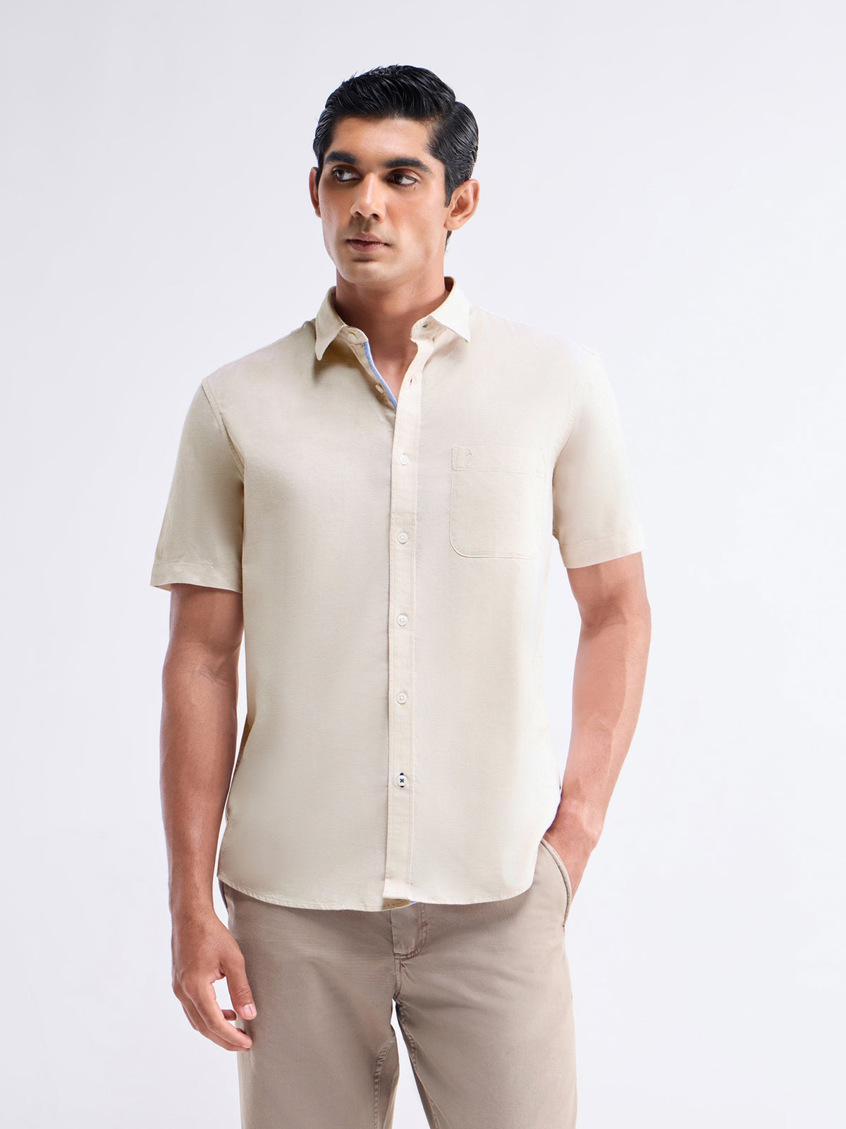 Solid Half Sleeve Cotton Stretch Shirt - Khaki t4option_0