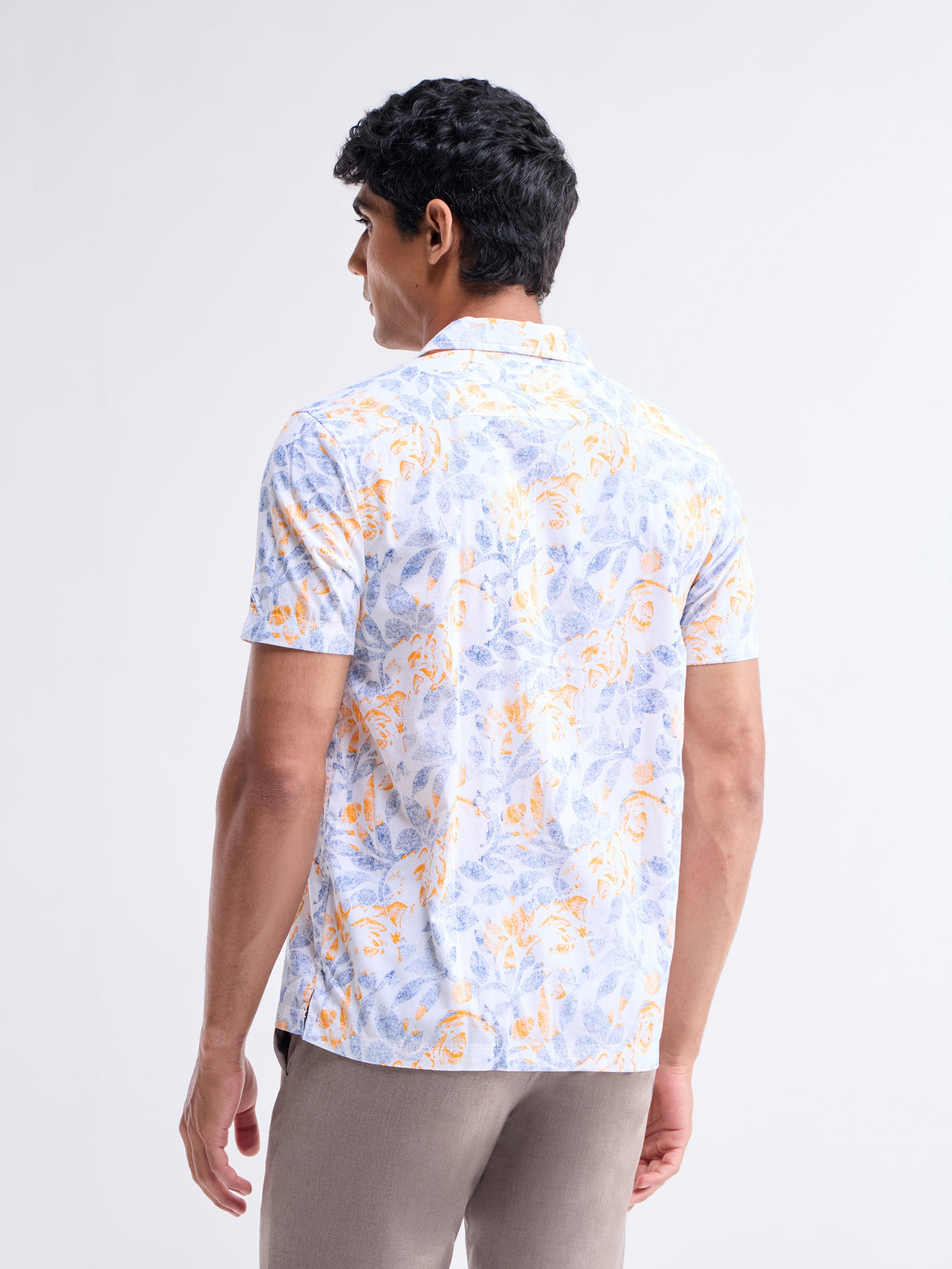 Printed Half Sleeve Cotton Shirt - White t4option_0
