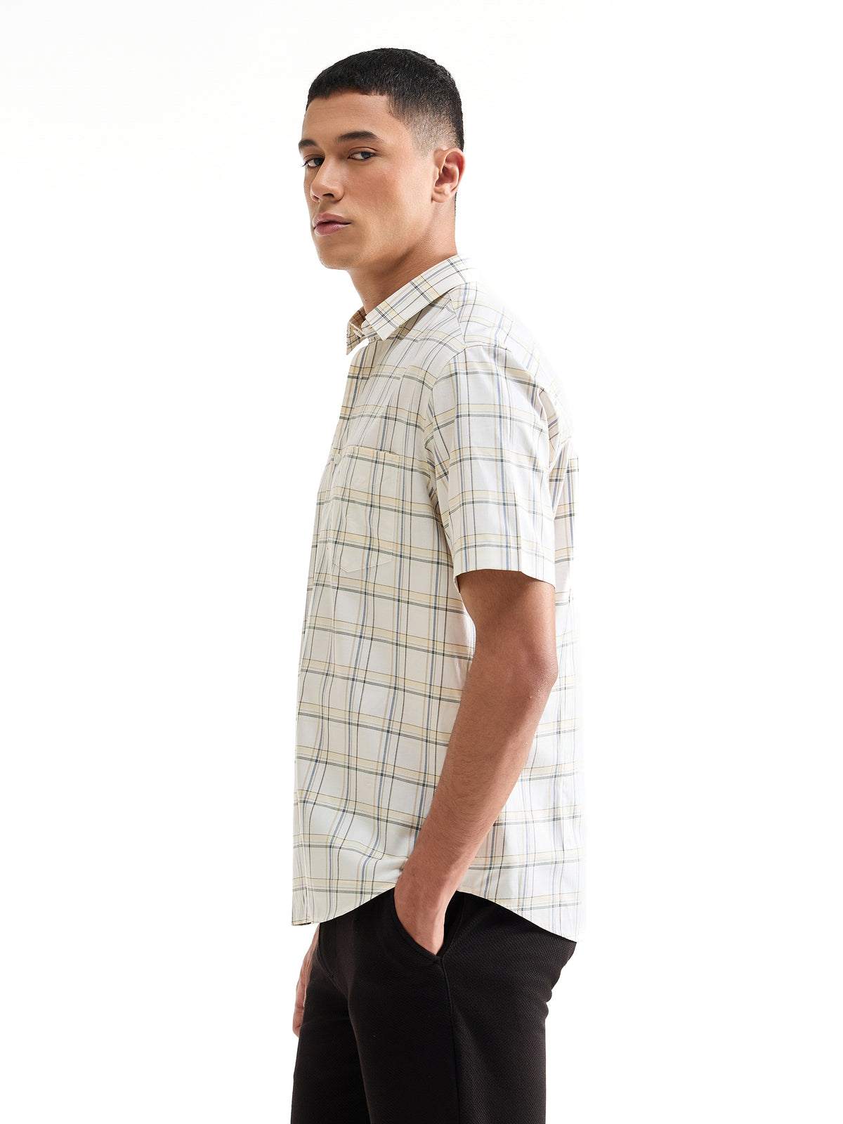 Check Half Sleeve Cotton Shirt - Off White t4option_0