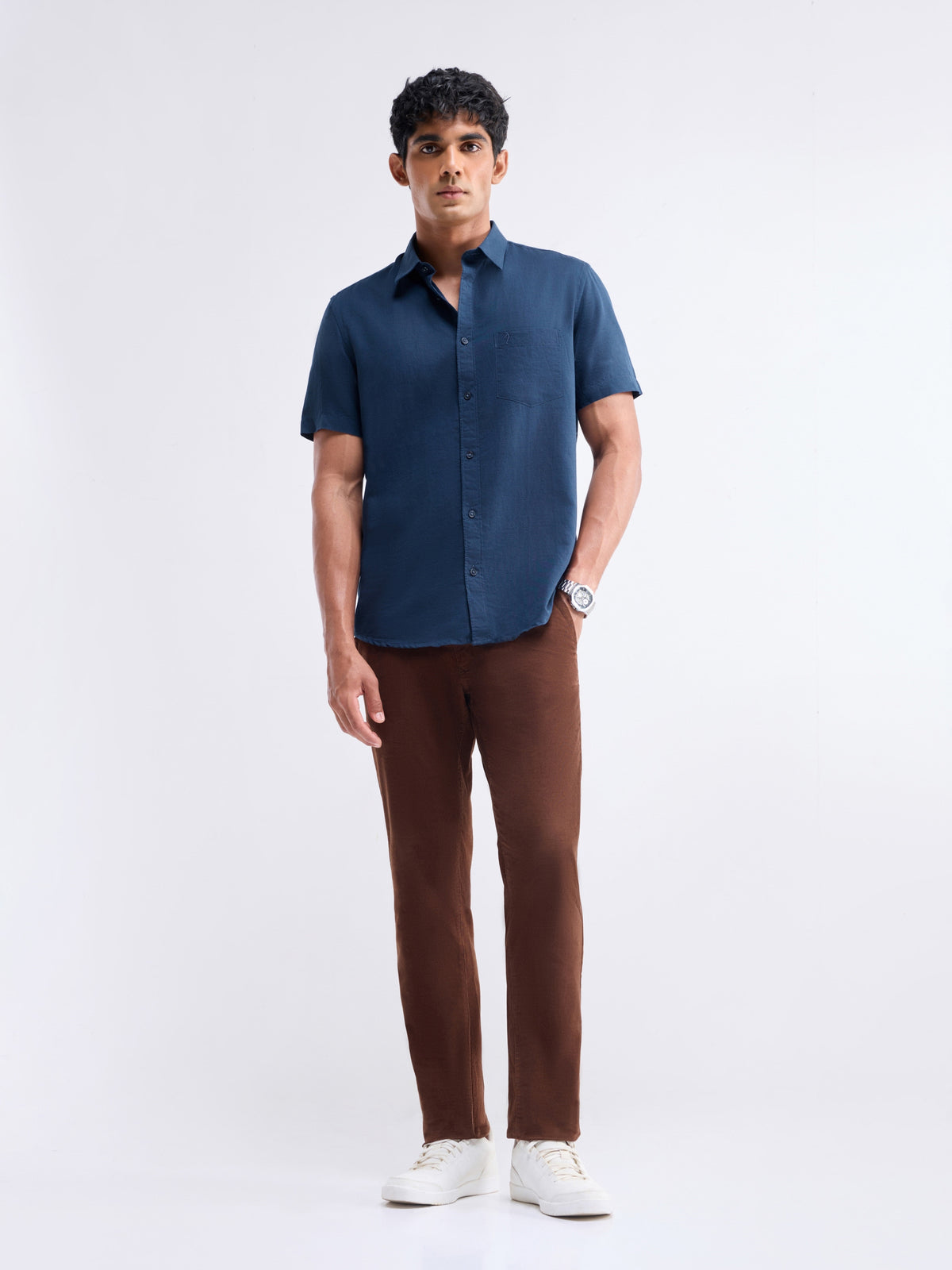 Solid Half Sleeve Cotton Blend Shirt - Navy t4option_0