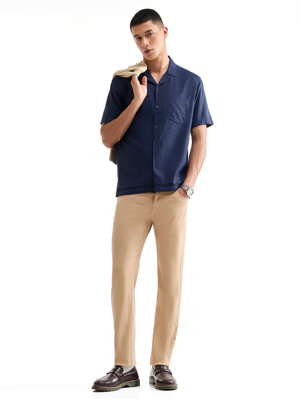 Printed Half Sleeve Viscose Linen Shirt - Navy t4option_0