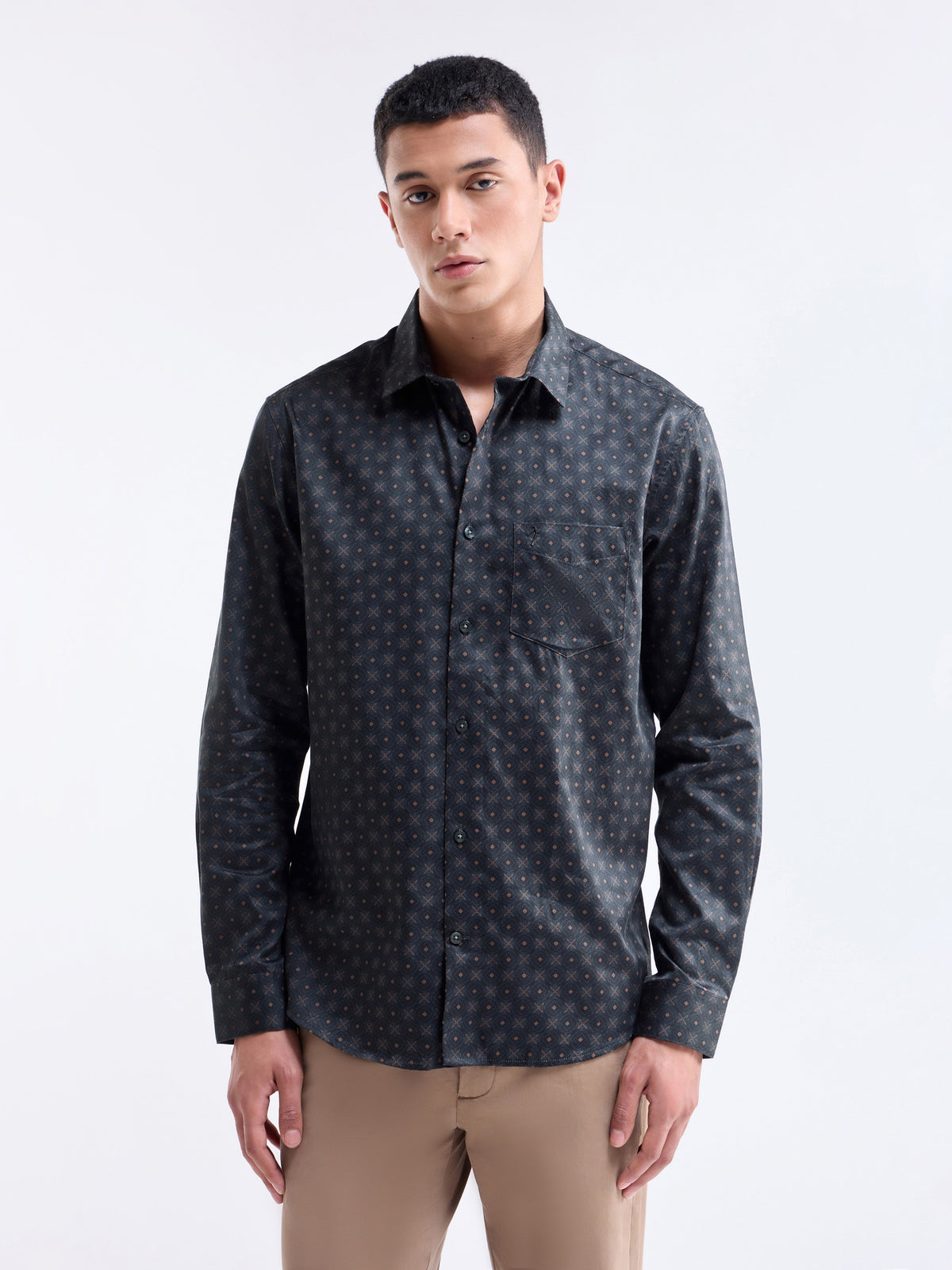 Printed Full Sleeve Cotton Shirt - Pine t4option_1