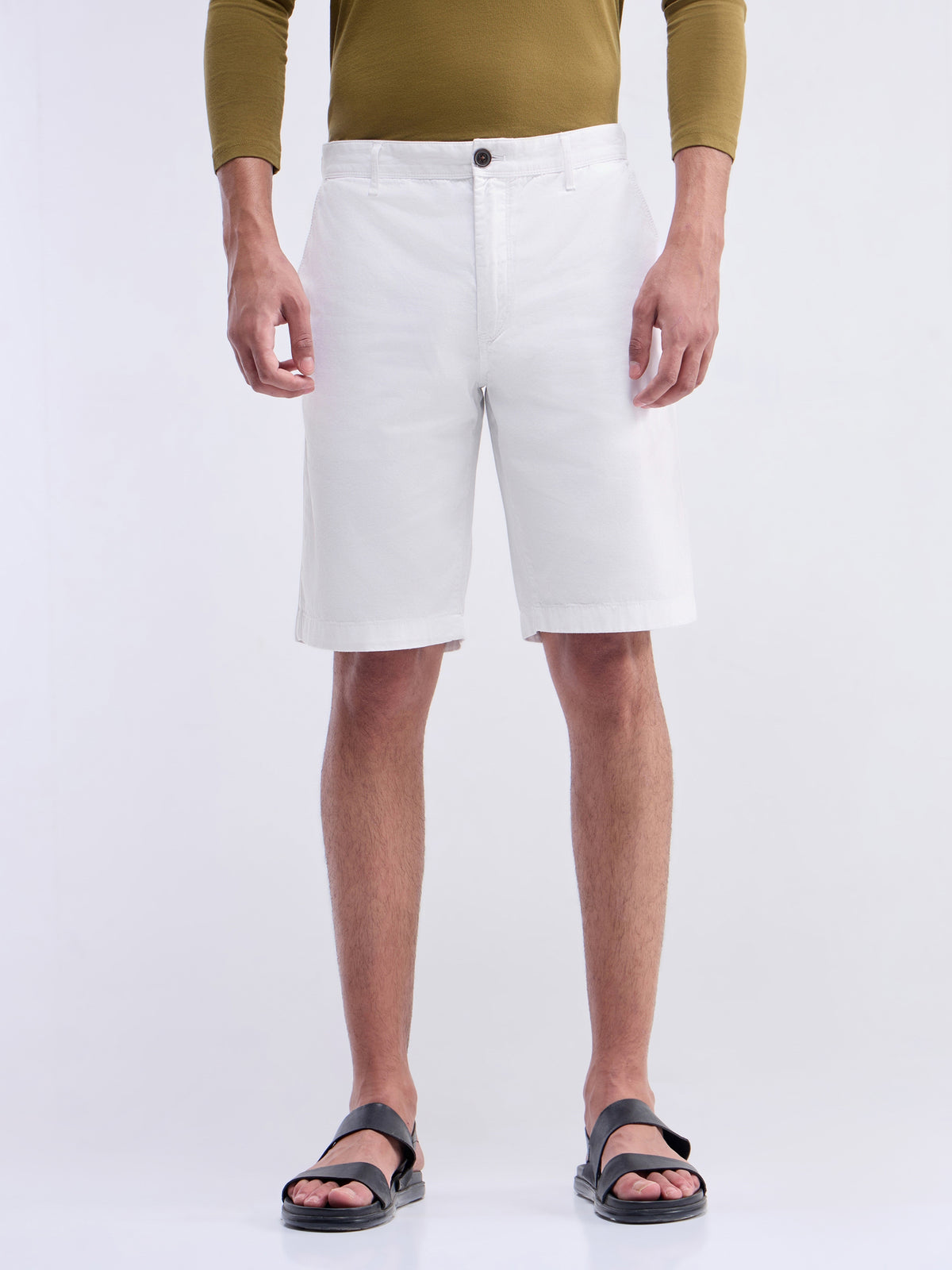 Solid Cotton Twill Shorts - White t4option_0