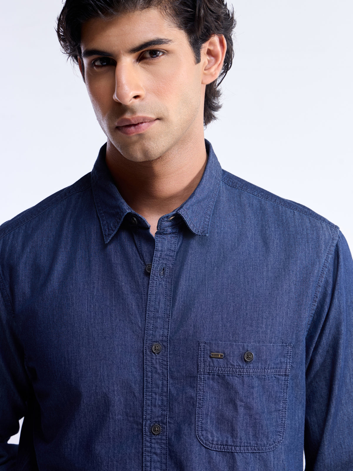 Solid Full Sleeve Cotton Shirt - Indigo t4option_0