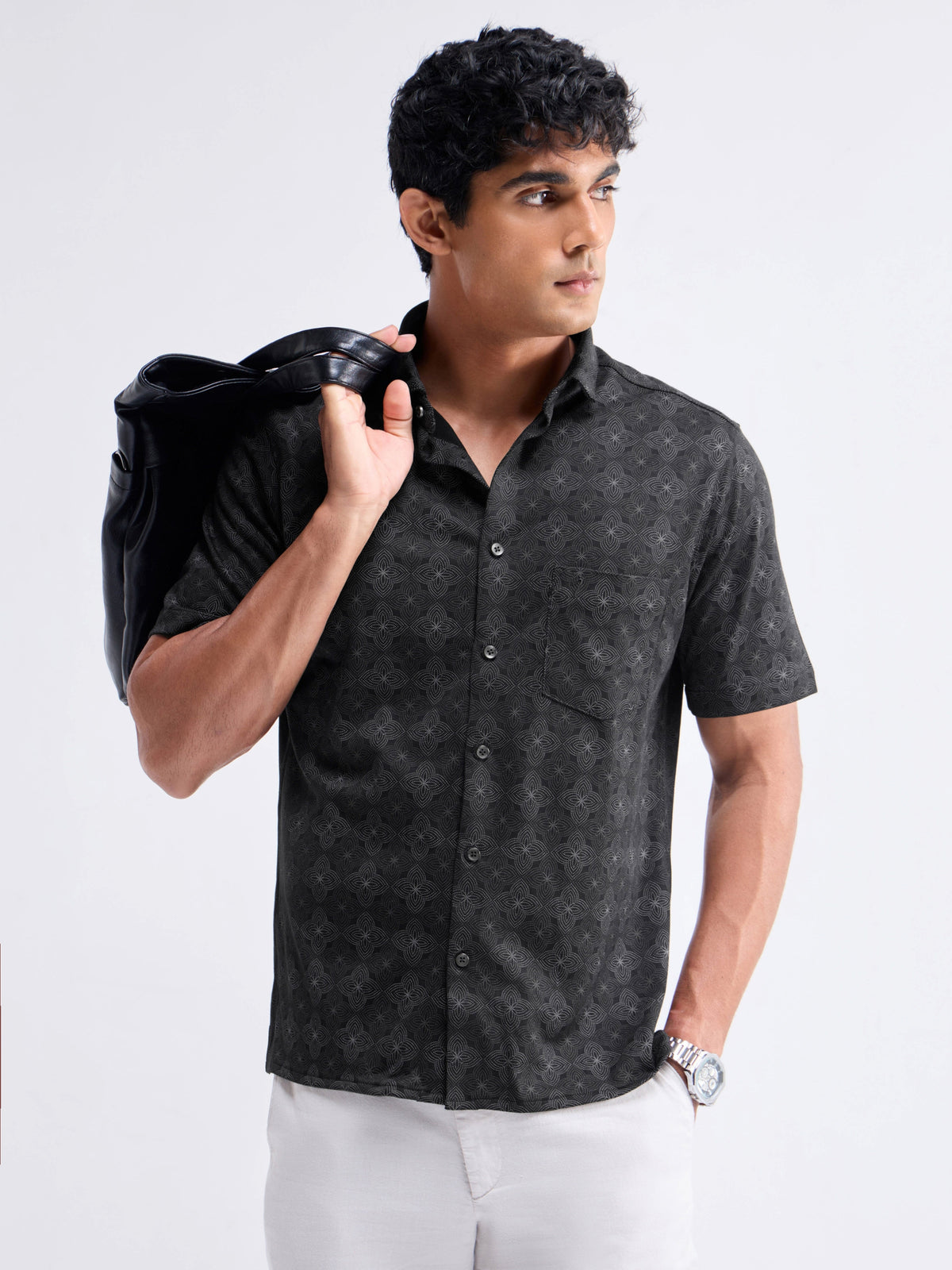 Printed Half Sleeve Cotton Shirt - Black t4option_0