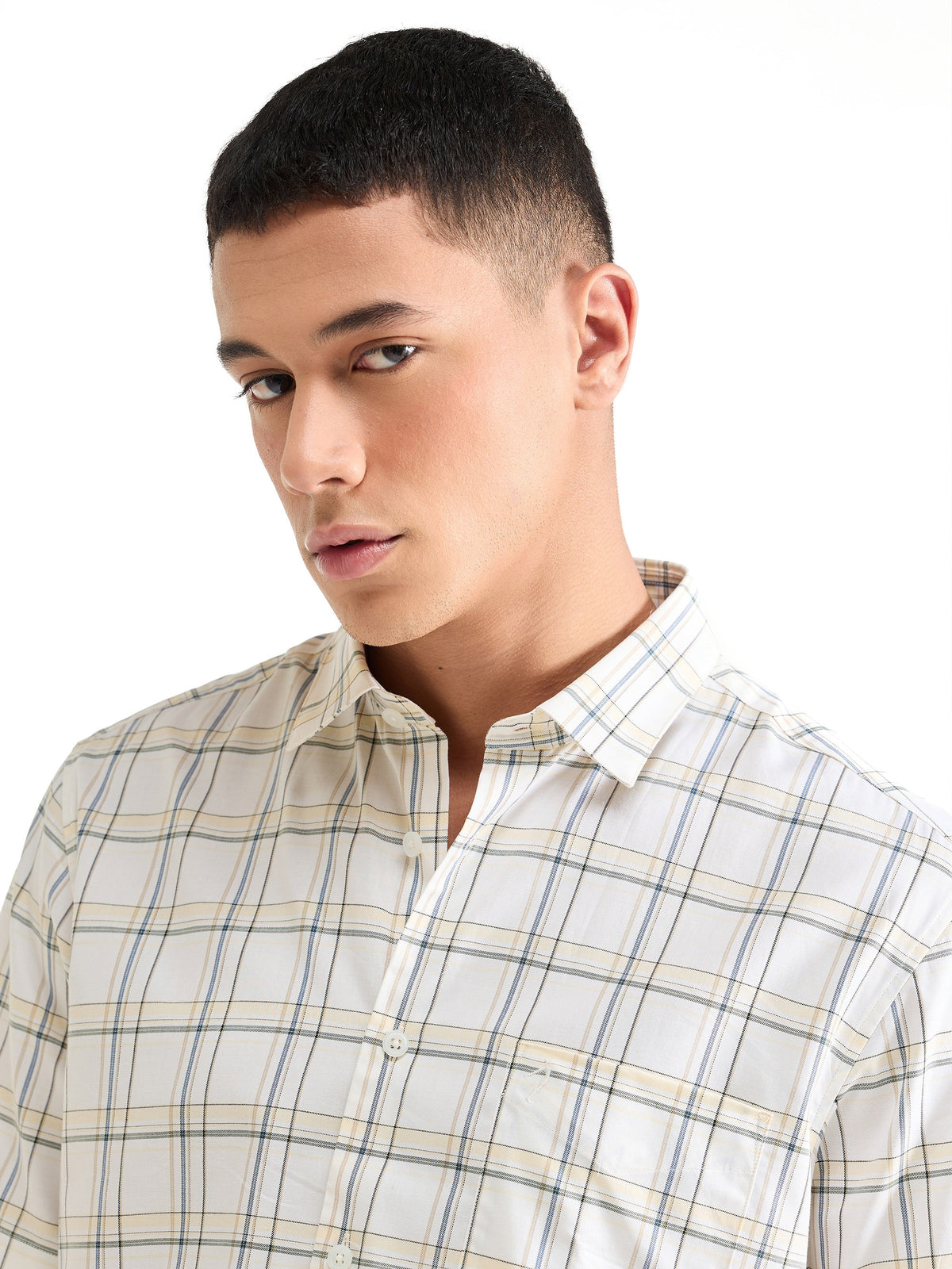 Check Half Sleeve Cotton Shirt - Off White t4option_0