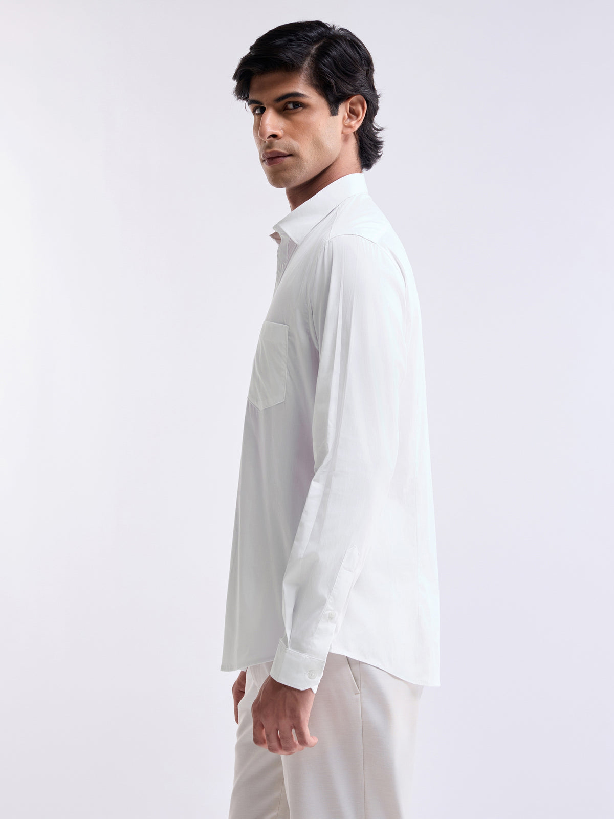 Solid Full Sleeve Cotton Stretch Shirt - White t4option_2