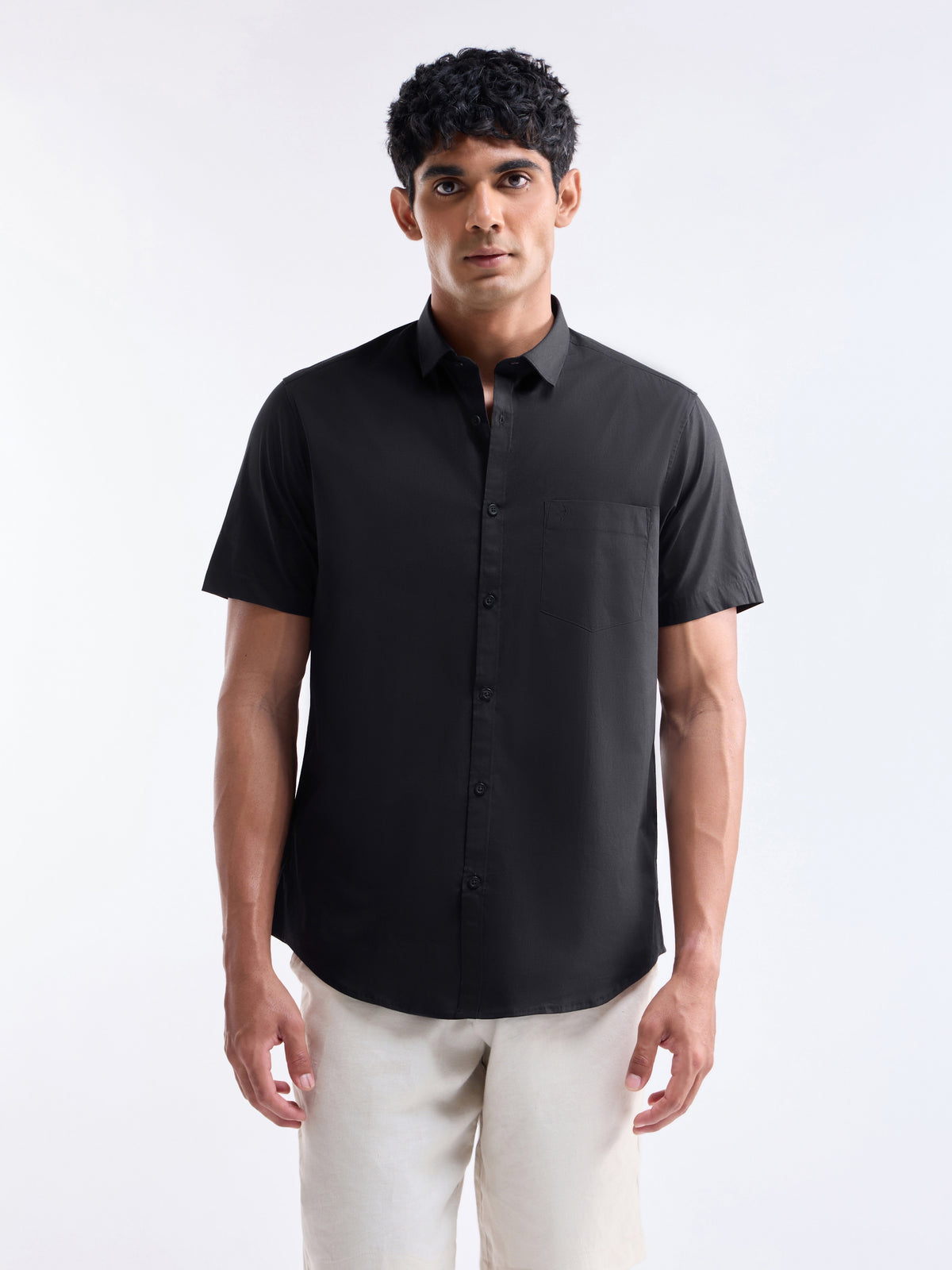 Solid Half Sleeve Cotton Stretch Shirt - Black t4option_0