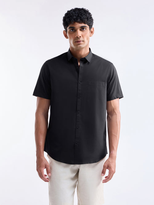 Solid Half Sleeve Cotton Stretch Shirt - Black t4option_0