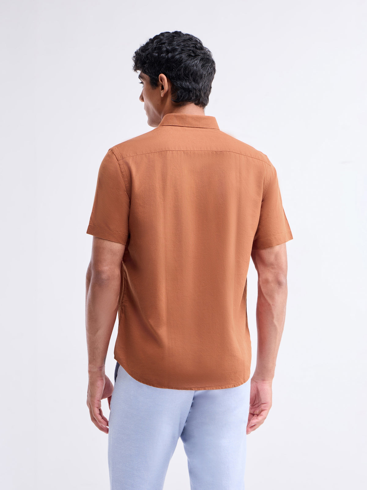 Solid Half Sleeve Cotton Blend Shirt - Rust t4option_0