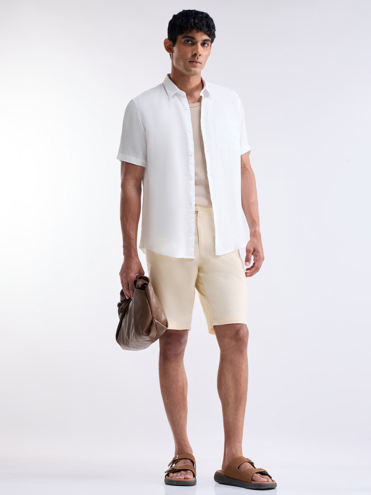 Solid Half Sleeve Linen Shirt - White t4option_0