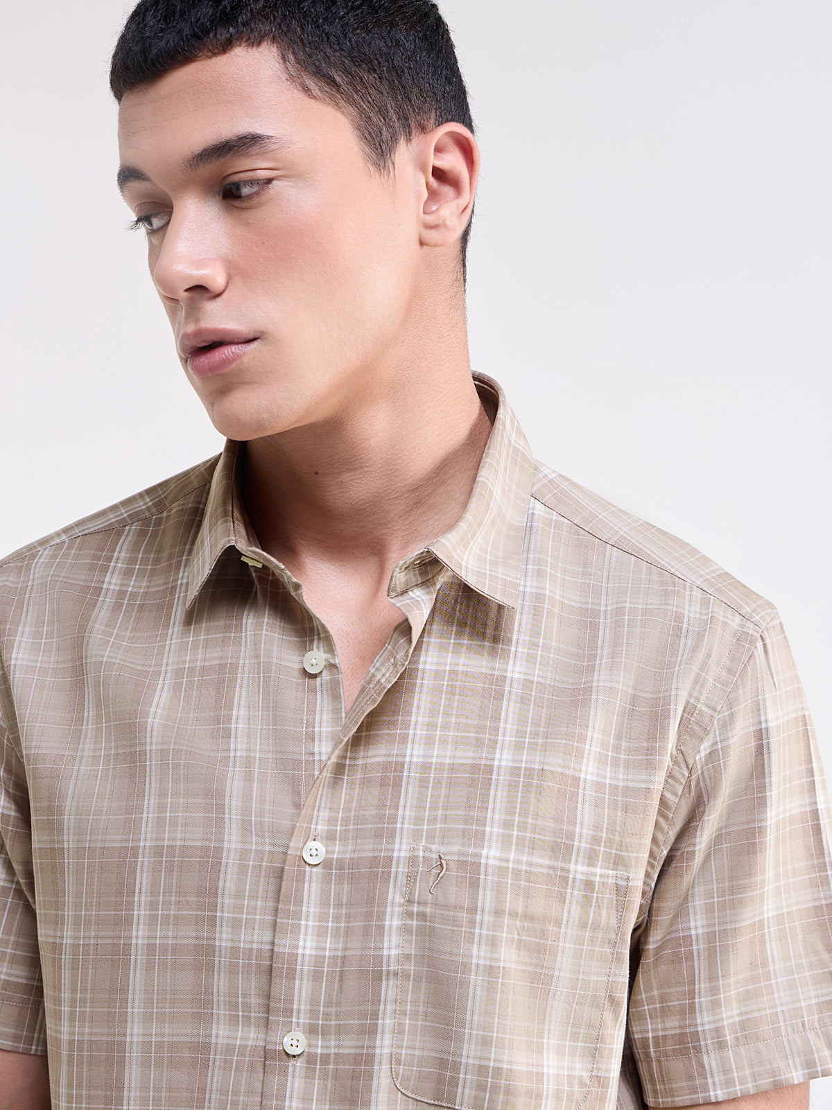 Check Half Sleeve Cotton Shirt - Khaki Mel t4option_0