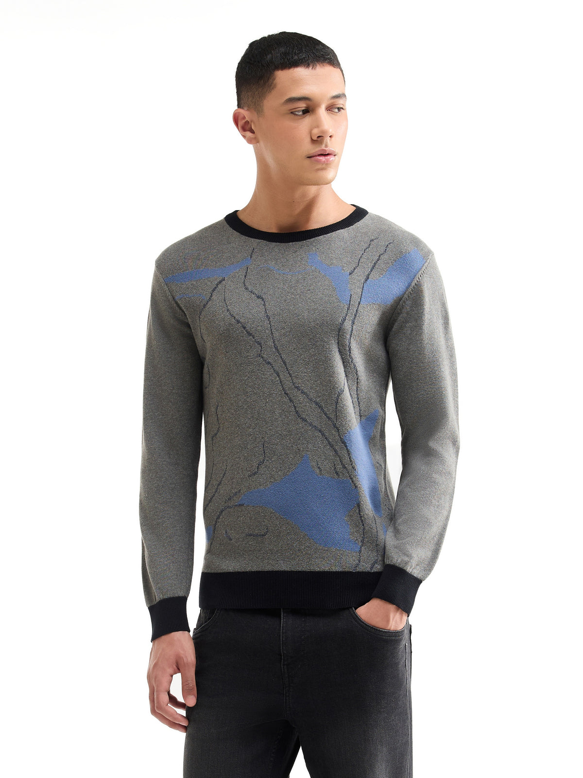 Jacquard Full Sleeve Crew Neck Sweater - Grey Mel t4option_1