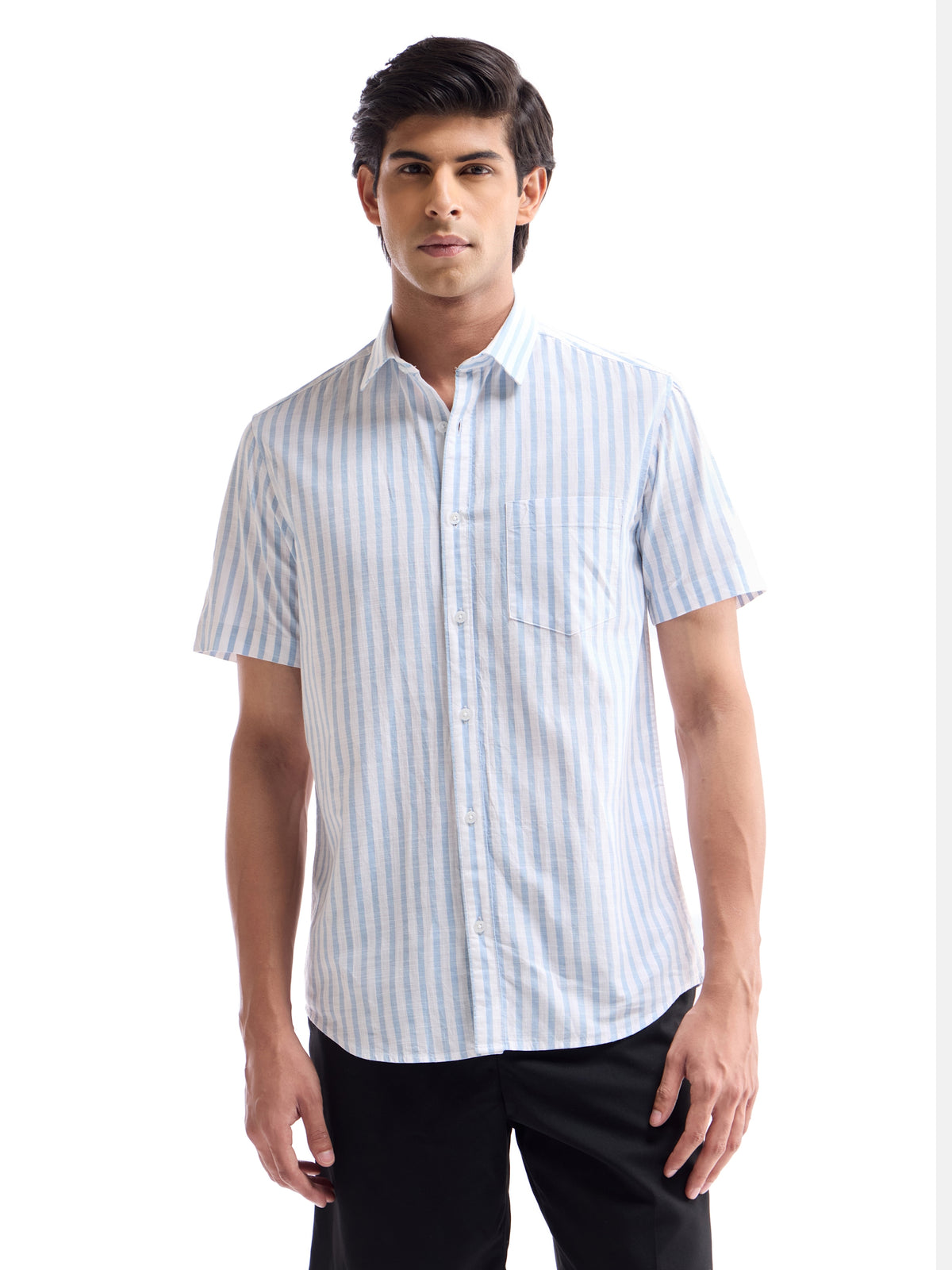 Striped Half Sleeve Cotton Shirt - Sky t4option_2